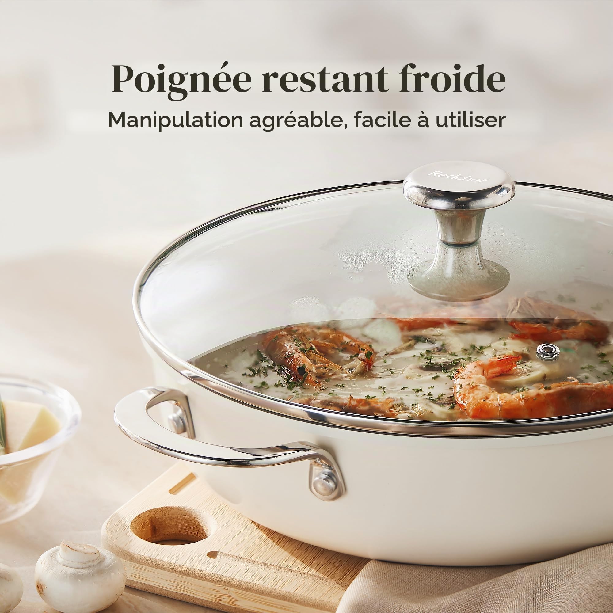 Redchef Sauteuse à bord haut de 28 cm - Avec couvercle - 3,85 l - En céramique anti-adhésive - Sans PFOA/PTFE/PFAS - Poignée en acier inoxydable - Passe au lave-vaisselle - Pour cuisson, rôtir