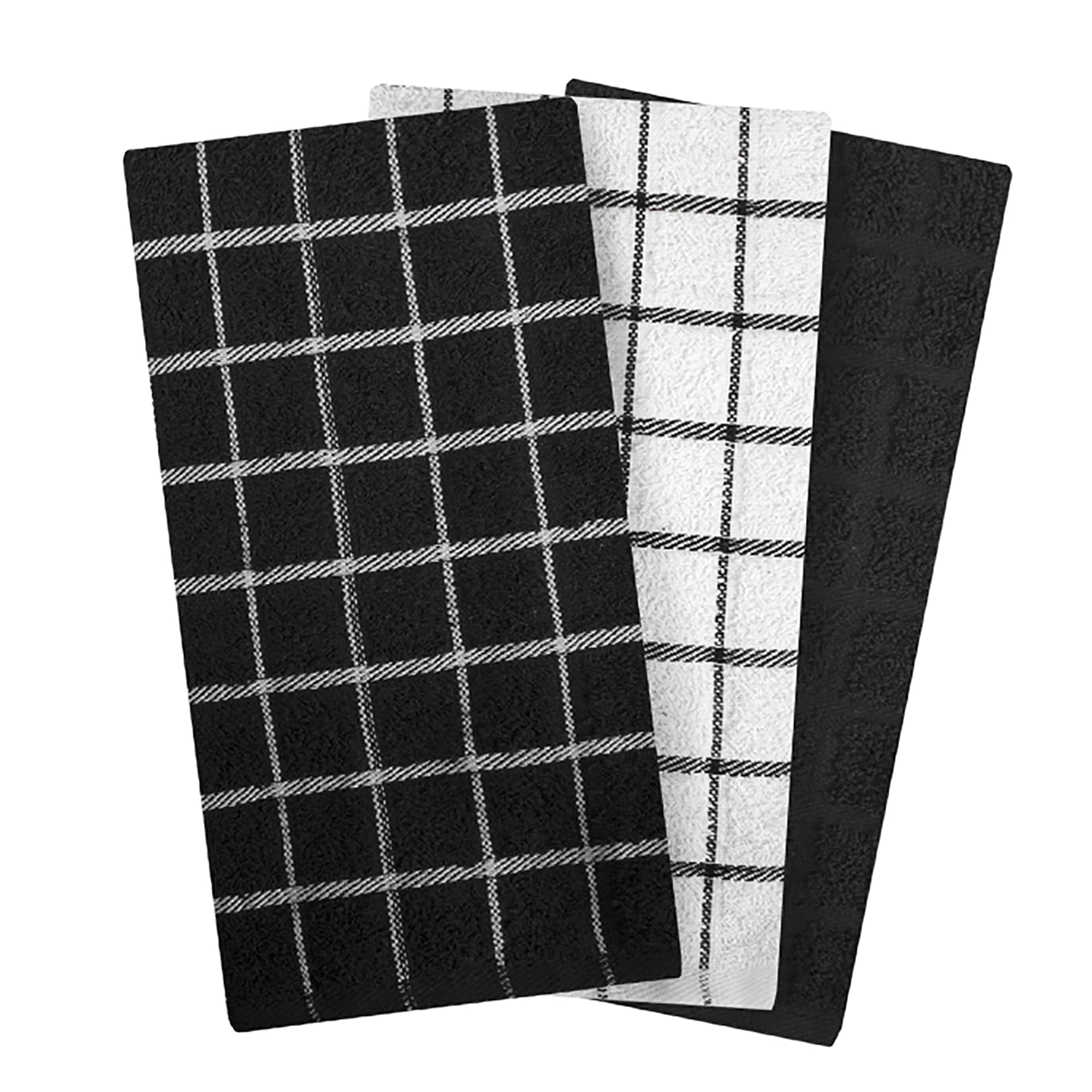 Ritz 100% Cotton Terry Kitchen Dish Towels, Highly Absorbent, 25" x 15", 3-Pack, Black