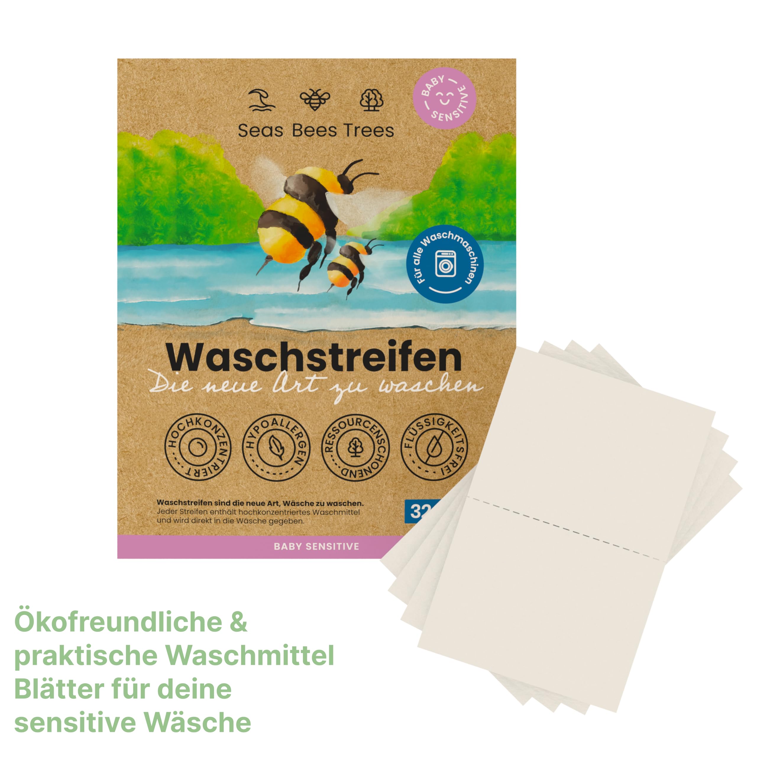 Lessive feuilles Baby Sensitive, nettoyage doux et en profondeur pour vêtements de bébé, bandes de linge durables sans parfum, pour le lavage blanc, coloré et à la main, 32 bandes