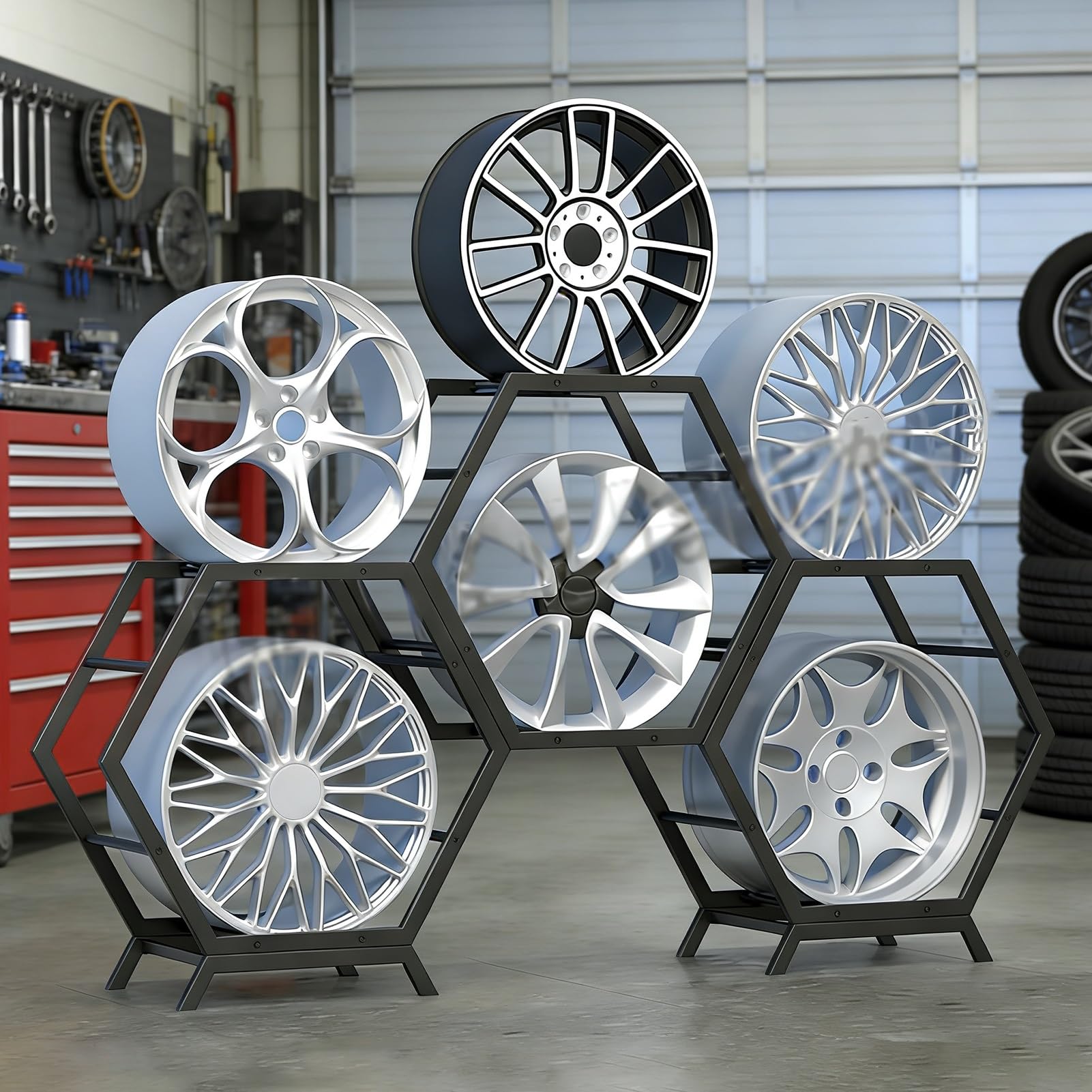 Porta Pneumatici Espositore per Cerchi Auto Fai da Te, Supporto Impilabile per Mozzi Ruota Auto con Base Garage, Supporto Cerchi Ruota Camion Rimorchi, Scaffali Mozzi Ruota(Style 1-B)