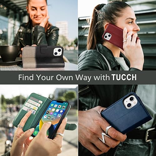 Miniatura 9 de TUCCH Funda tipo billetera para iPhone 14, Bloqueo RFID 4 ranuras para tarjetas Funda protectora interior de TPU, funda abatible magnética de piel
