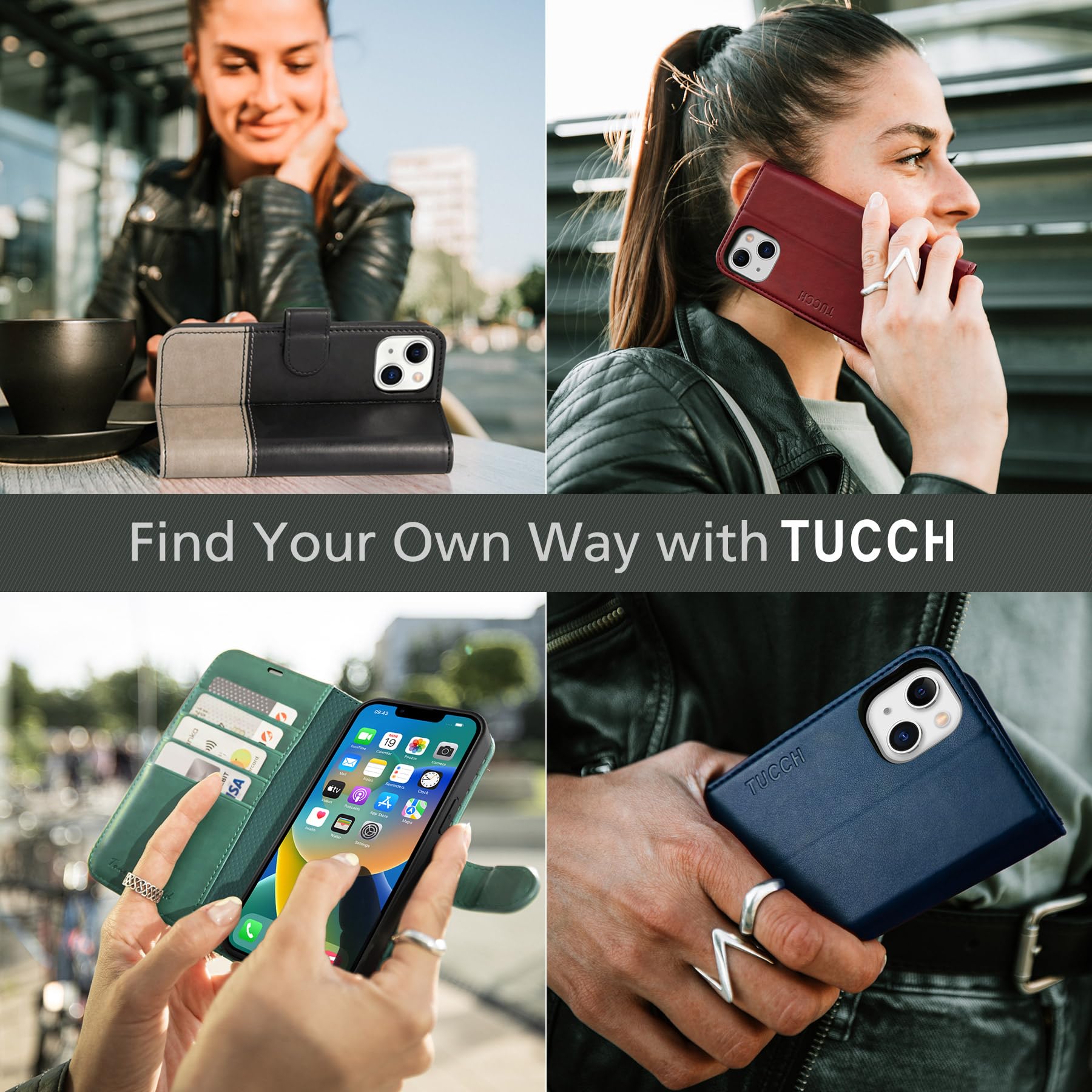 TUCCH Funda para iPhone 14, Flip Folio Carcasa Case, Funda de Cuero PU con Bloqueo RFID, Ranura para Tarjeta, Cierre Magnético, Funda Piel para iPhone 14 5G (6.1", 2022), Verde Medianoche
