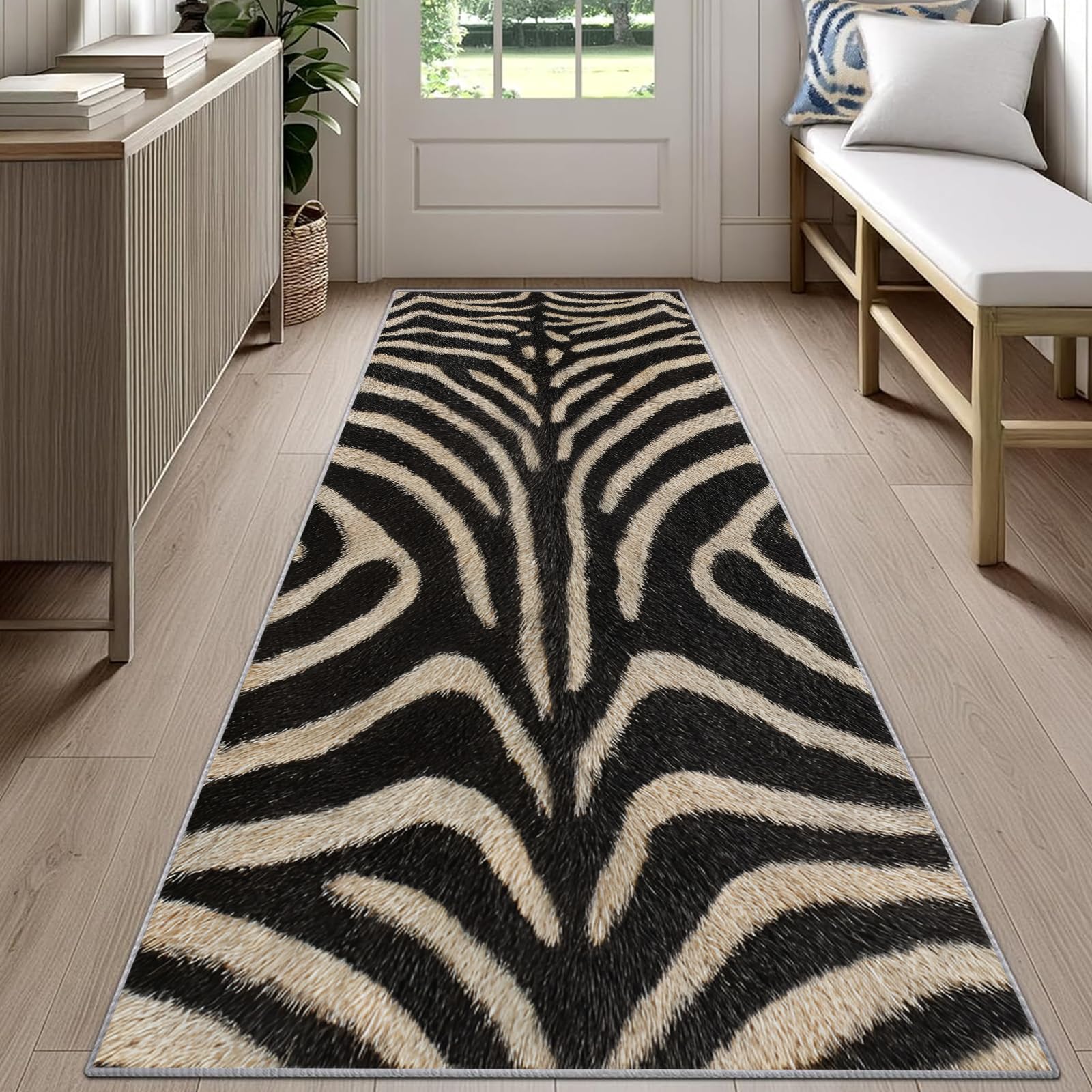 Rustic Cabin Zebra Print Runner Rug for Hallway 60x180cm Zebra Strip Carpet Runner, Animal Skin Print Long Hall Carpet, Non-Slip Carpet for Kitchen Laundry Room Bedroom