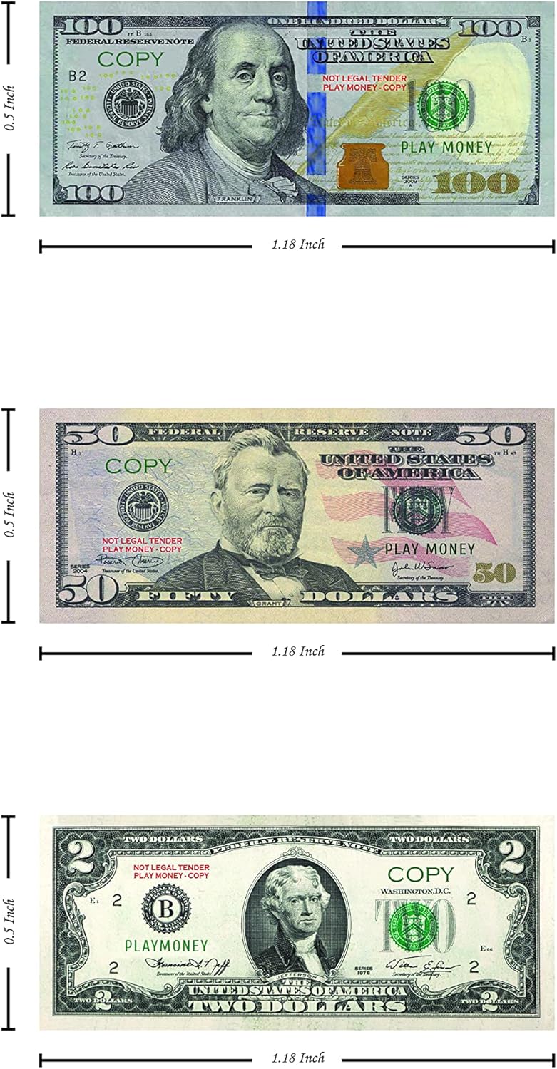 Custom Toys & Hobbies 10 Pieces Miniature Play Money 100, 50, 2 2Sided Full Print