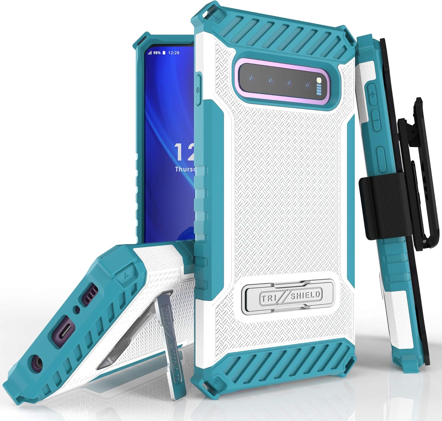 Beyond Cell Trishield Series Compatible with S10 Case/Military Grade Rugged Cover + [Metal Kickstand] + Belt Clip Holster Compatible with Samsung Galaxy S10 (2019)- White