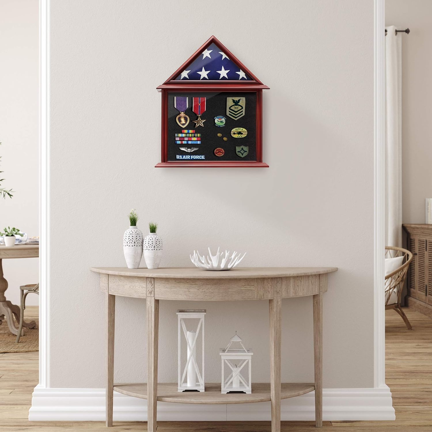 Reminded Flag and Certificate Shadow Box Display Case fits 3' x 5' Home Flown Flag, Solid Wood Mahogany Finish