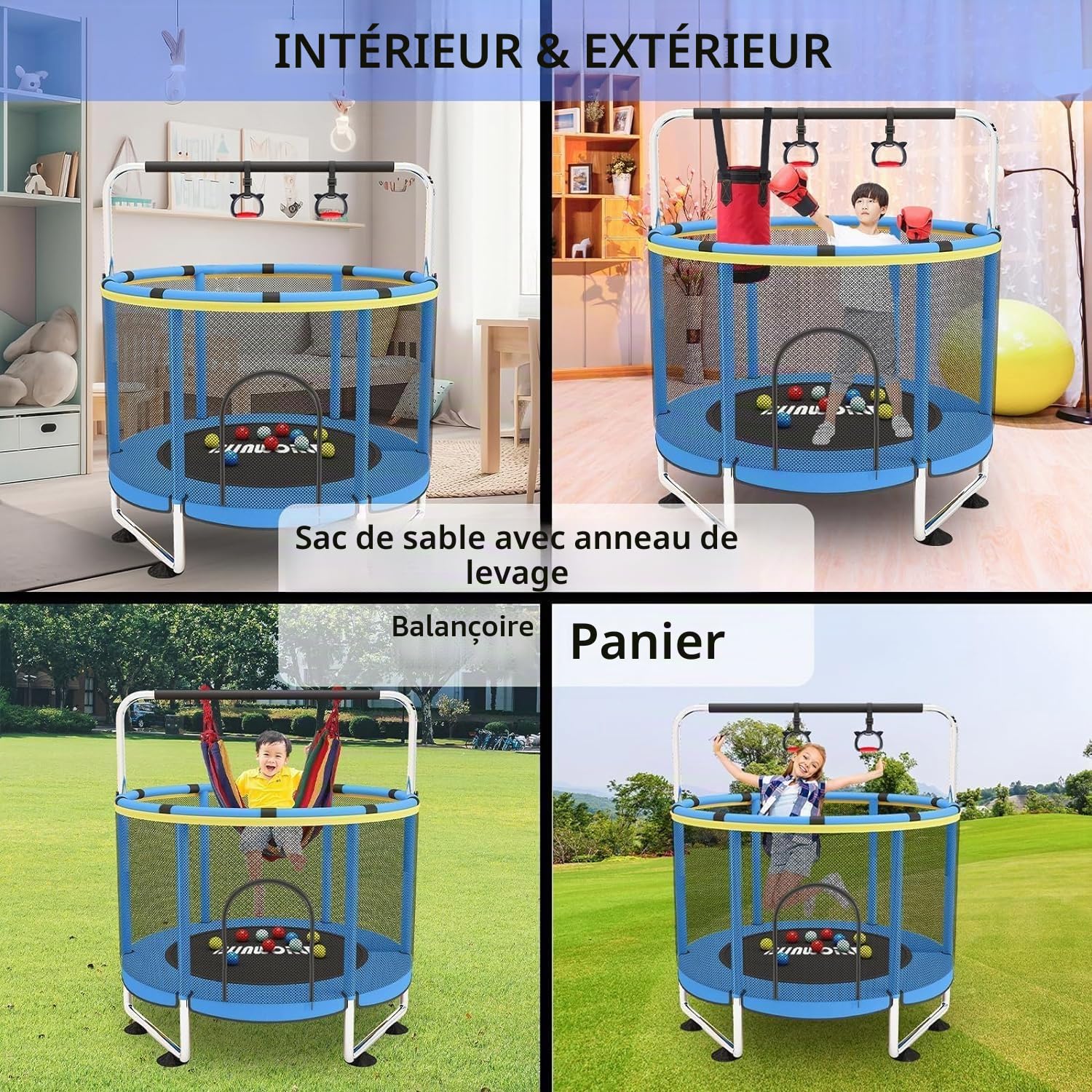 Trampoline pour Enfants, Trampoline réglable pour bébé avec Panier de Basket-Ball, Trampoline intérieur et extérieur de 200 kg avec enclos