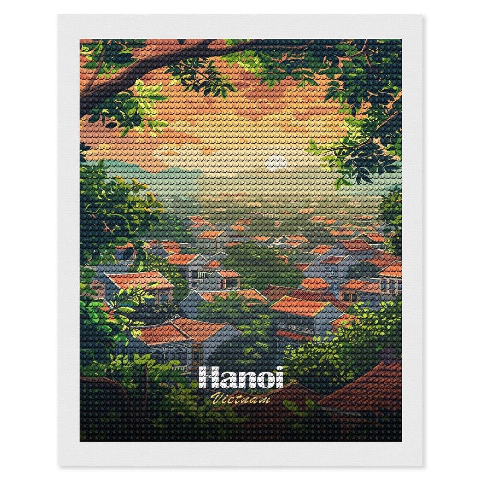 Junmoney Hanoi, Vietnam Cityscape Illustration DIY Diamond Art Canvas Kit 16"x20", for Teens, Aesthetic Room Decor, Farmhouse Decor, Canvas Picture, Birthday Gift