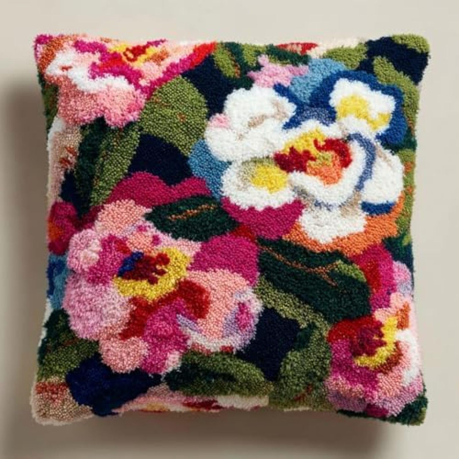 kitphoenix Latch Hook Cushion Kit for Adults,Camellia Flowers,Beginner Friendly DIY Craft Set with Pre-Cut Yarn,Hook and Printed Canvas,43x43 cm Cushion Cover