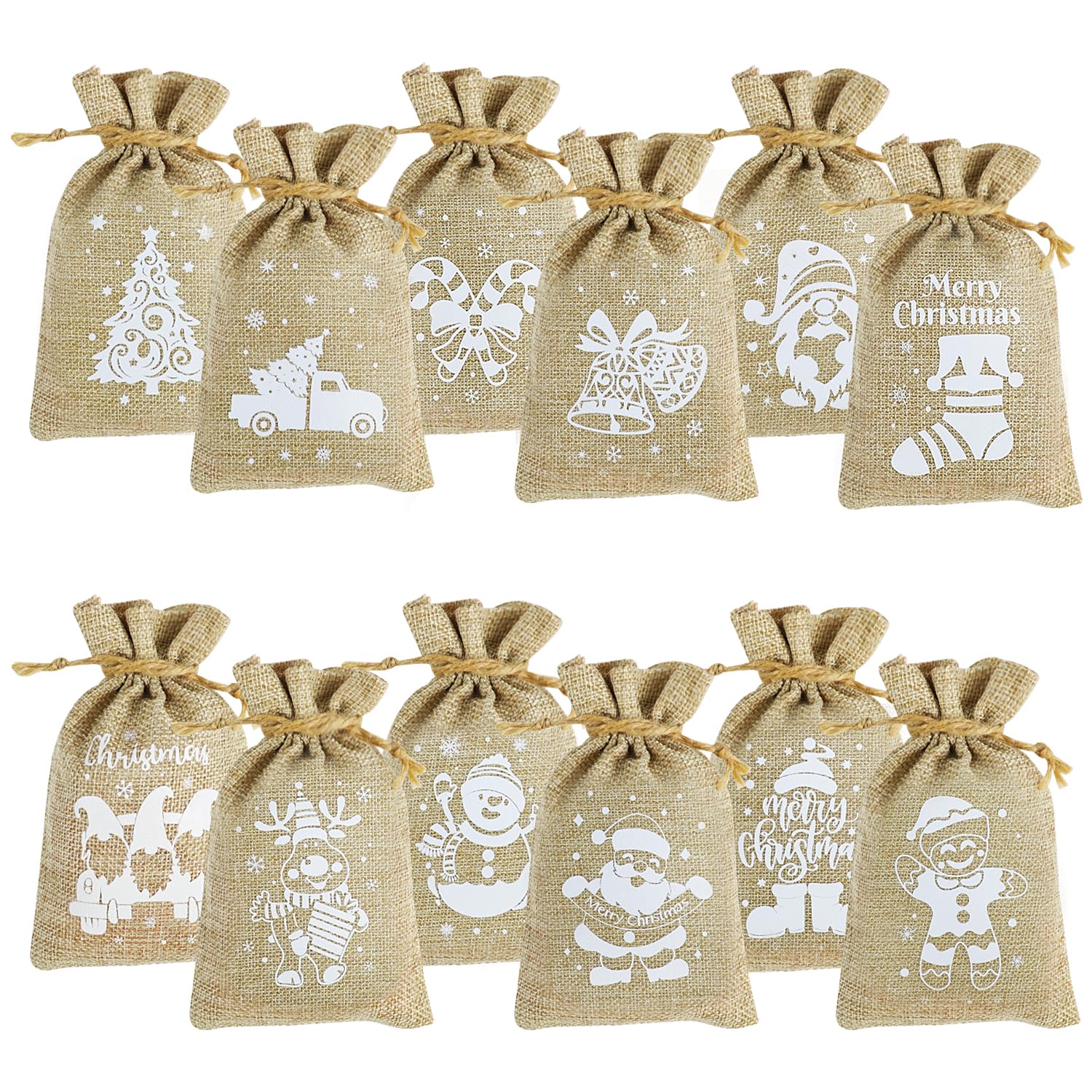 VEYLIN Christmas Hessian Bags, 12 Xmas Burlap Jute Gift Bag with Drawstring for Christmas Party Advent Calendar Decoration (style 2)