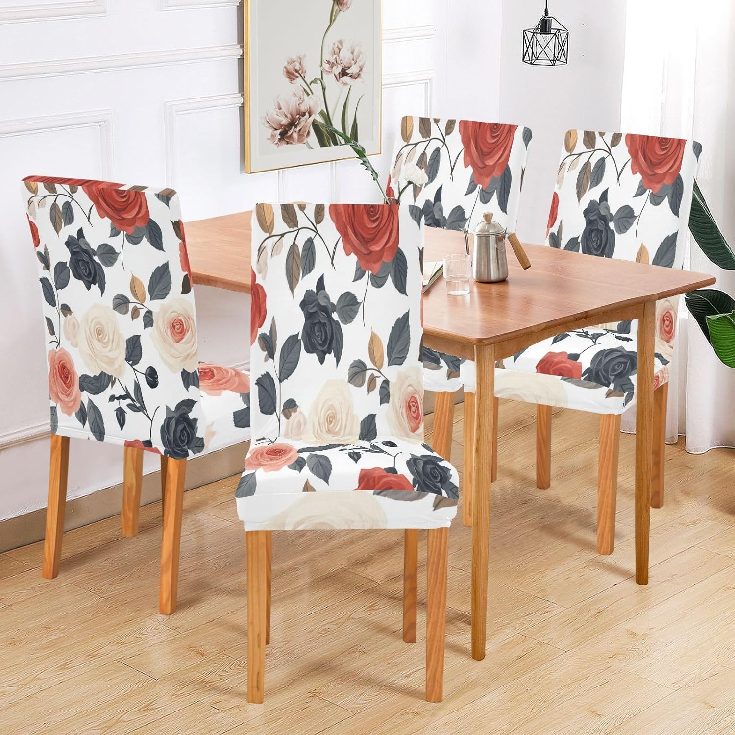 ALAZA Chair Covers for Dining Room, Spring Roses Flower Stretch Chair Cover Sets Chair Protector Removable Washable for Ktichen Restaurant Hotel