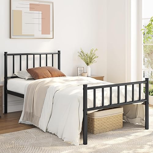 Miniatura 3 de Yaheetech Base de cama tamaño individual con plataforma de metal, base de colchón con cabecero y estribo, no necesita somier, almacenamiento debajo