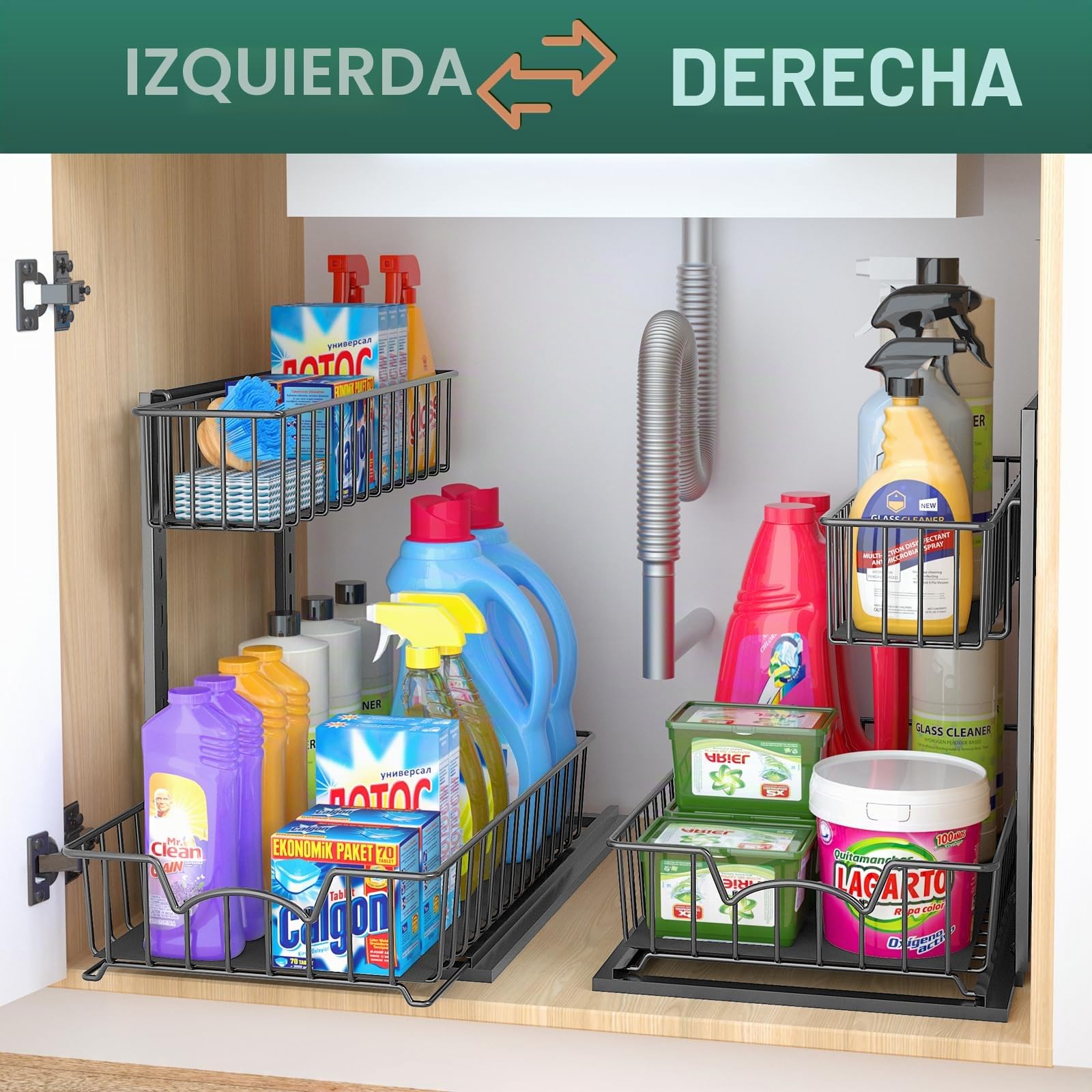 Organizador de almacenamiento para fregadero, cesta deslizante extraíble de 2 niveles, estante de cajón metálico, estantes organizadores multiusos