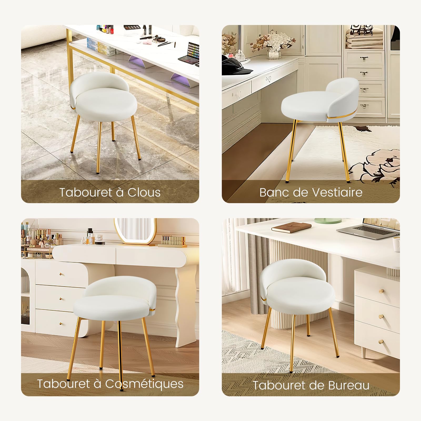 Hellove Tabouret Coiffeuse avec Pieds en Métal Doré, Tabouret de Maquillage Moderne Rond, Chaise de Coiffeuse en Cuir, Stool de Pied avec Dossier Courbé pour Salle À Manger, Chambre, Salon, Blanc