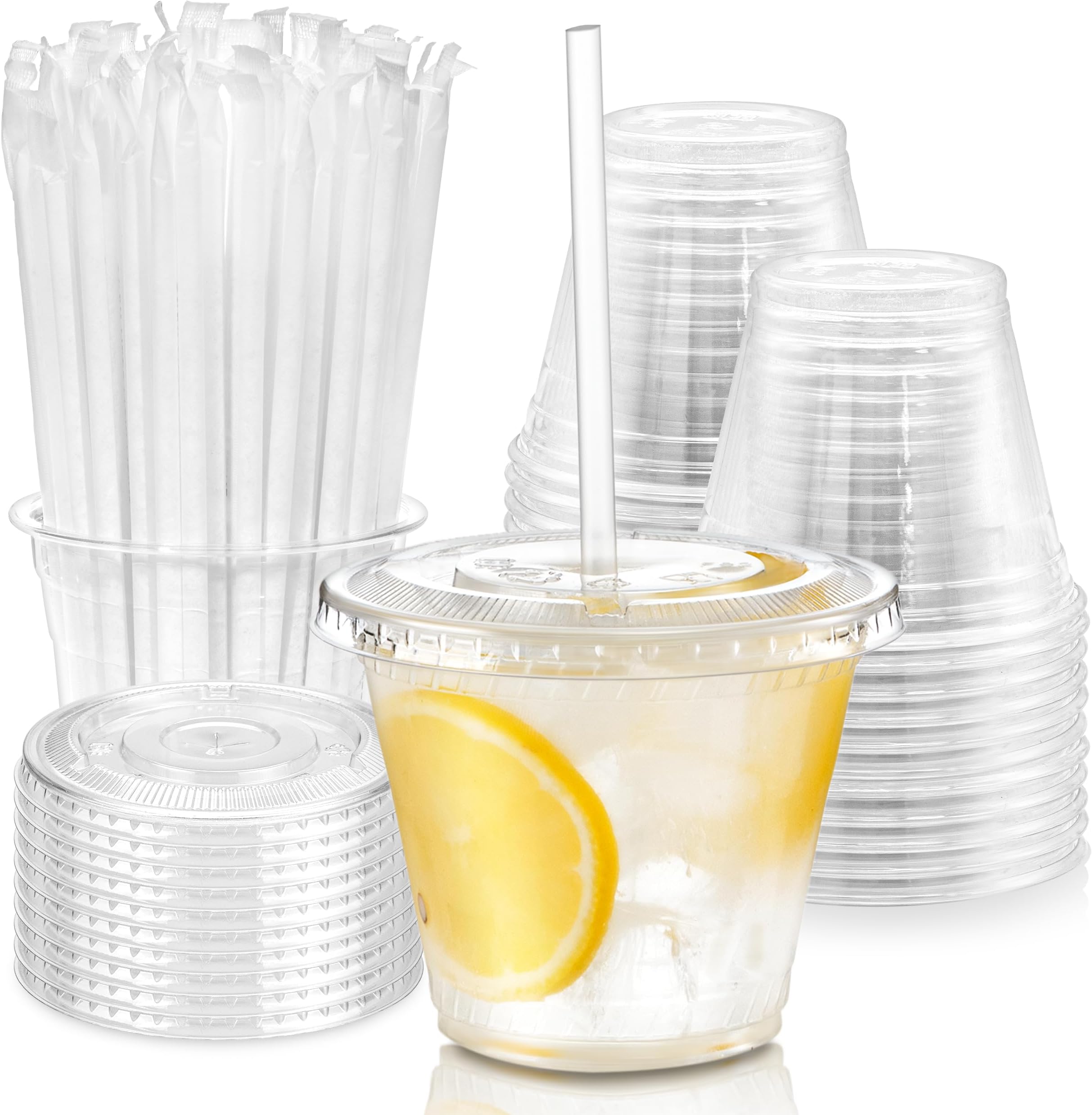 Fit Meal Prep 100 Pack 9 oz Plastic Iced Coffee Cups with Flat Lids and Clear Straws, Disposable Clear Cup, BPA Free Cup for Party, Smoothie, Cold Drinks, Juice, Milkshake, Bubble Boba, Tea