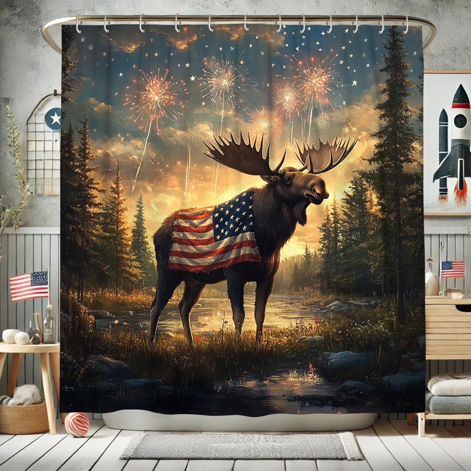 Moose Shower Curtain, Patriotic Rustic Forest Moose Bath Curtain for Independence Day Decor, Summer Vintage America Flag Waterproof Fabric Shower Curtain Set with Hooks 72x72 Inch
