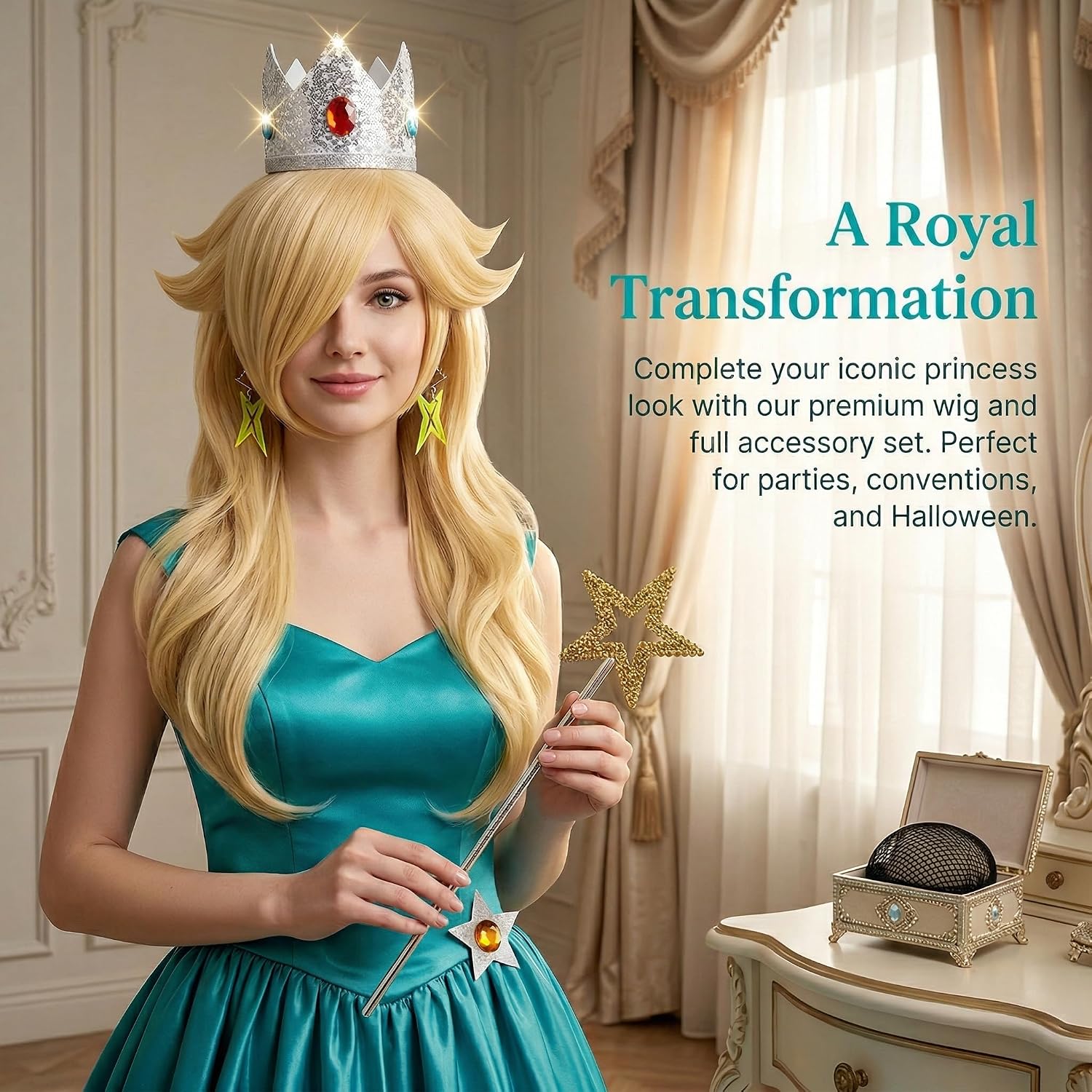Ruina 6pcs Women Blonde Princess Wig for Adults Rosalina Costume Cosplay with Crown Wand Brooch Earrings Wig Cap - Wavy Wig for Halloween Birthday Party - Pre-cut Bangs & Soft & Breathable R063