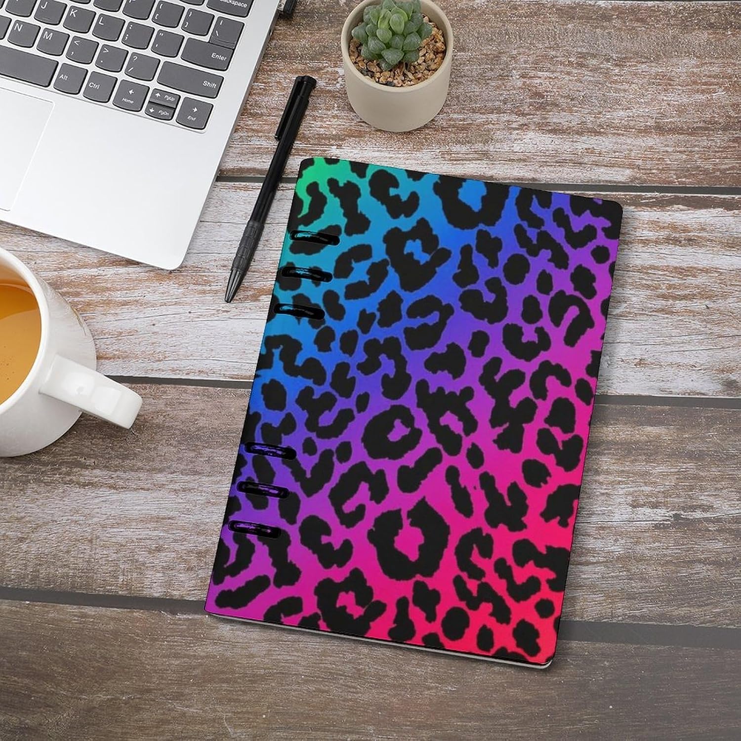 6 Ring Professional Notebook for Men Women, A5 Filler Paper Journal Notebook with 90 Sheets Rainbow Colorful Cheetah Leopard Print Refillable Binder Notebook for Office Travel