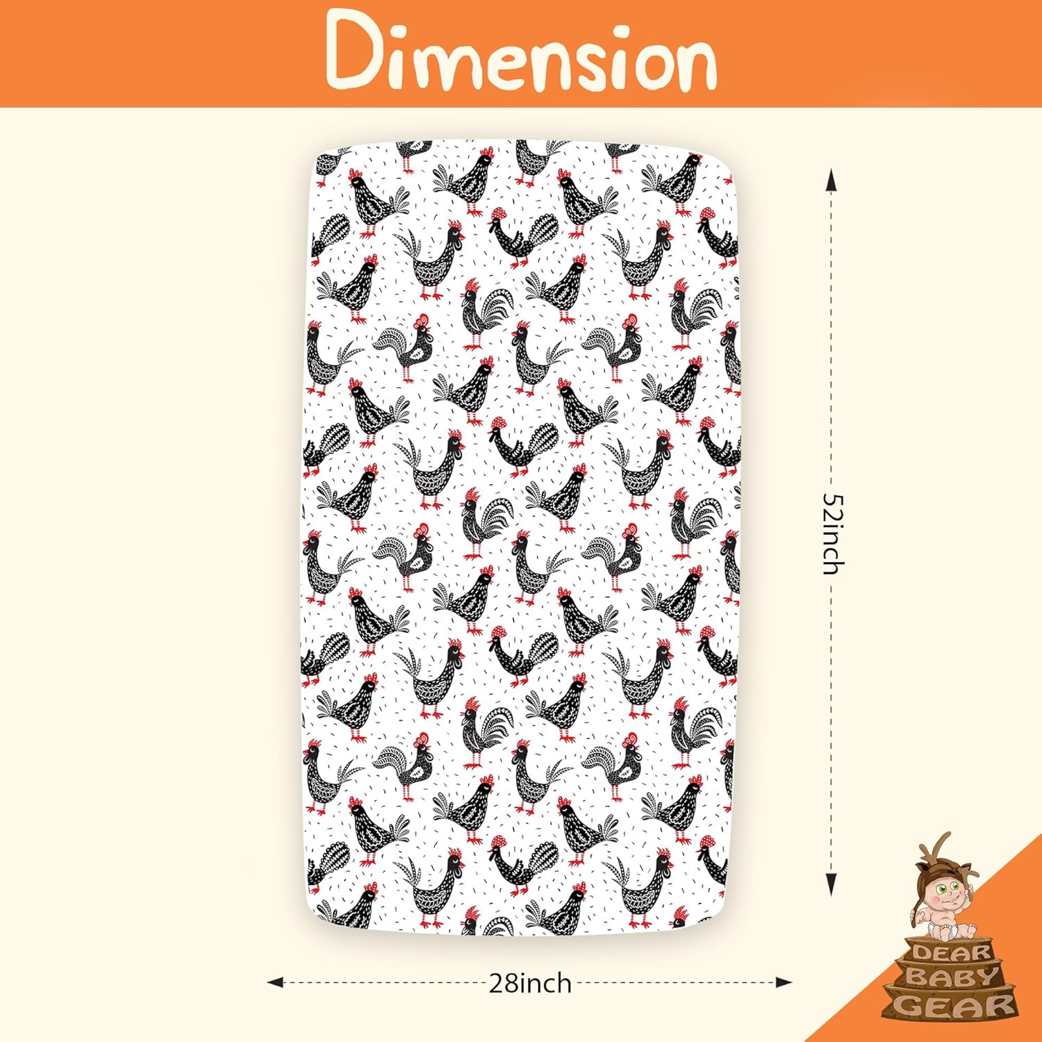 Dear Baby Gear Deluxe Crib Sheet - Farm Design Soft Cotton Polyester Baby Bedding - Infant Bed Sheets - Toddler Mattress Protector (Chickens & Roosters Black White & Red Print, 52x28x10)