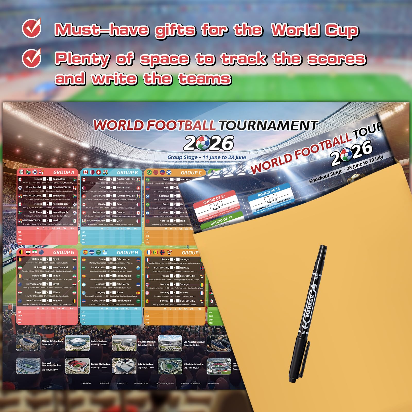 AhfuLife 2Pcs World Cup Football 2026 Wall Chart for Party Decorations - A2 Sizes World Cup WallChart Poster - Includes 48 Teams Group Knockout Final Results Wall Calendar (Folded, A2-42cm x 59.4cm) — view 7