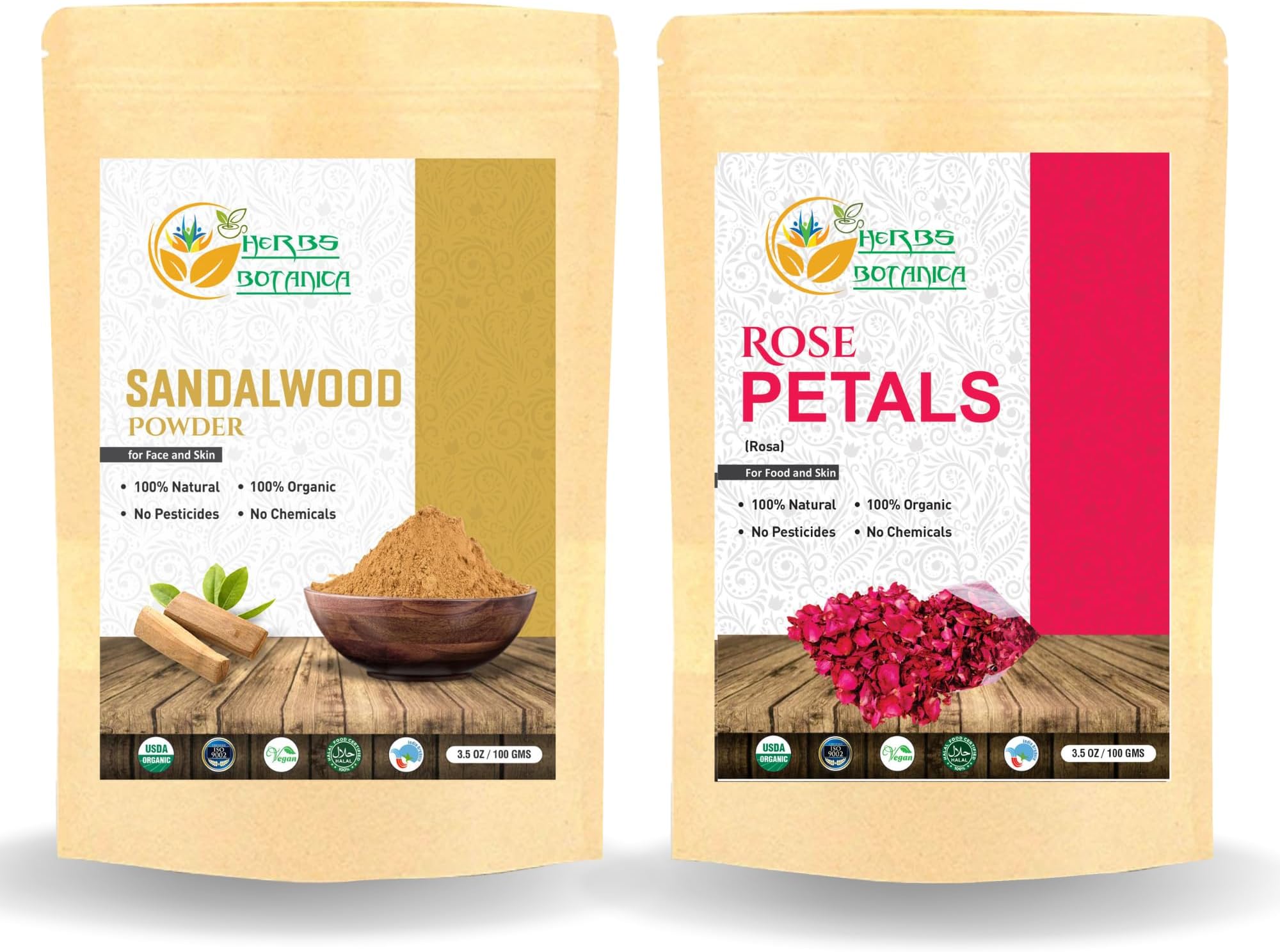 Herbs Botania Sandalwood & Rose Petals Powder Duo: Natural Beauty Elixir for Glowing Skin and Relaxation