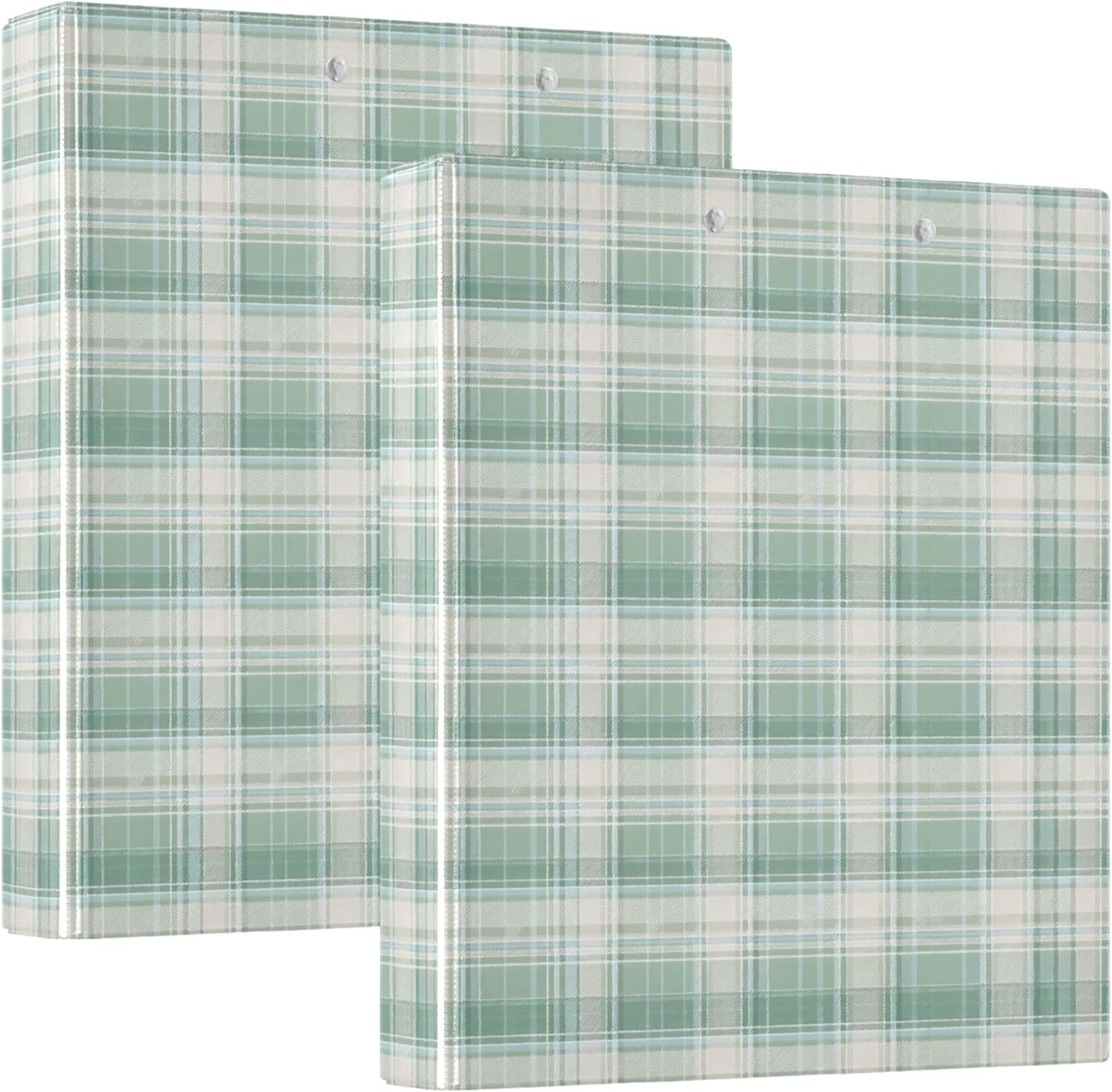 Green White Plaid 3 Ring Binders, 1.5” Round Ring Binders with Clipboard - Letter Size, 3 Interior PVC Clear Pockets & Anti-Slip Clip for Office School Supplies, 2PCS