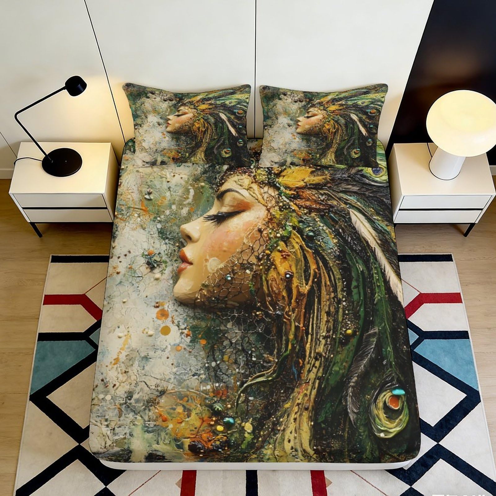 3D Printed Artistic Woman Fitted Sheet Microfiber Soft Breathable Abstract Face Bed Cover for Bedroom Guest Room Decor Mattress Protection 90x200x25cm
