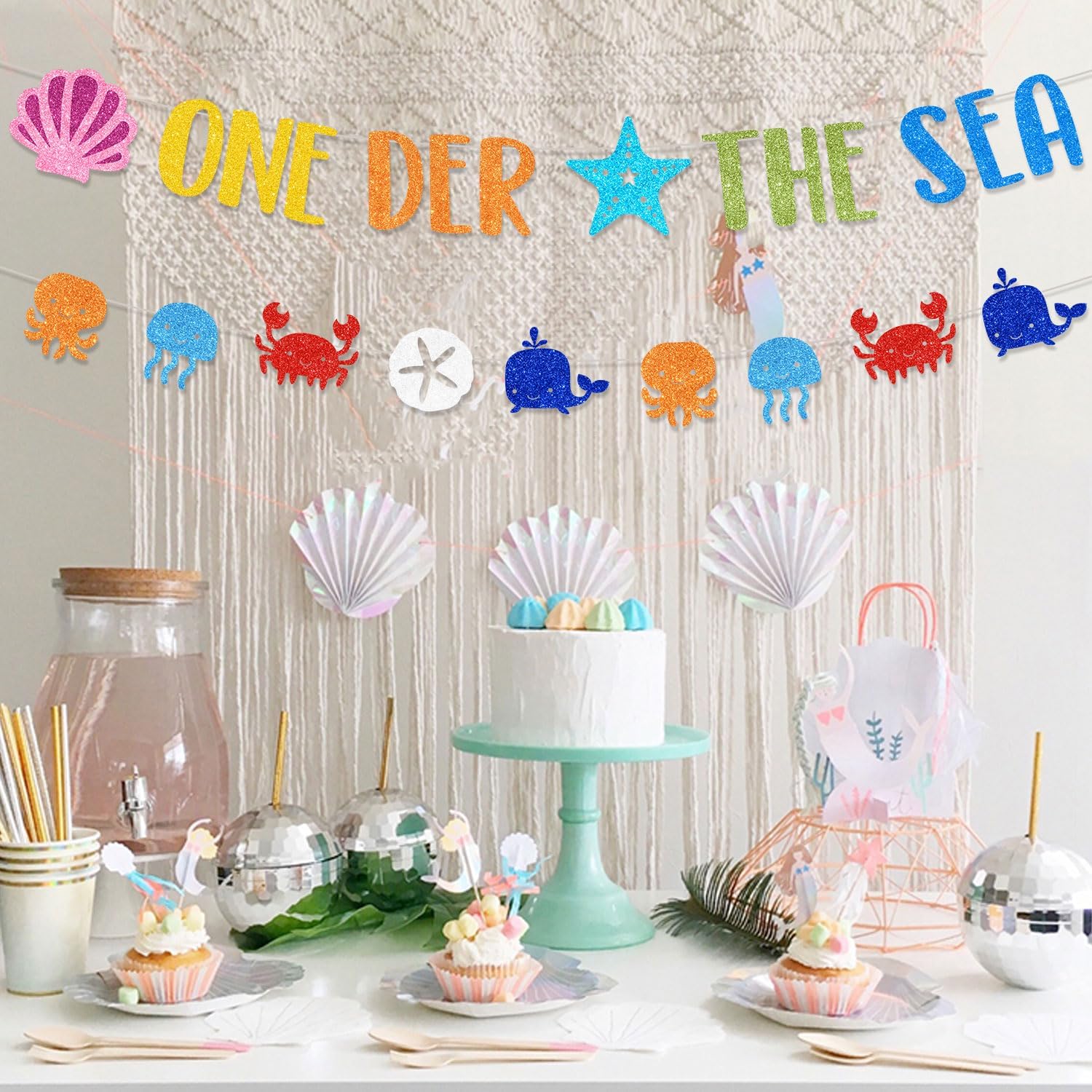 Colorful Oneder the Sea Banner Garland, Glitter Jellyfish Seashell Crab Starfish Banner Underwater Animal Theme 1st Birthday Party Decoration for Baby Shower First Birthday Party Supplies