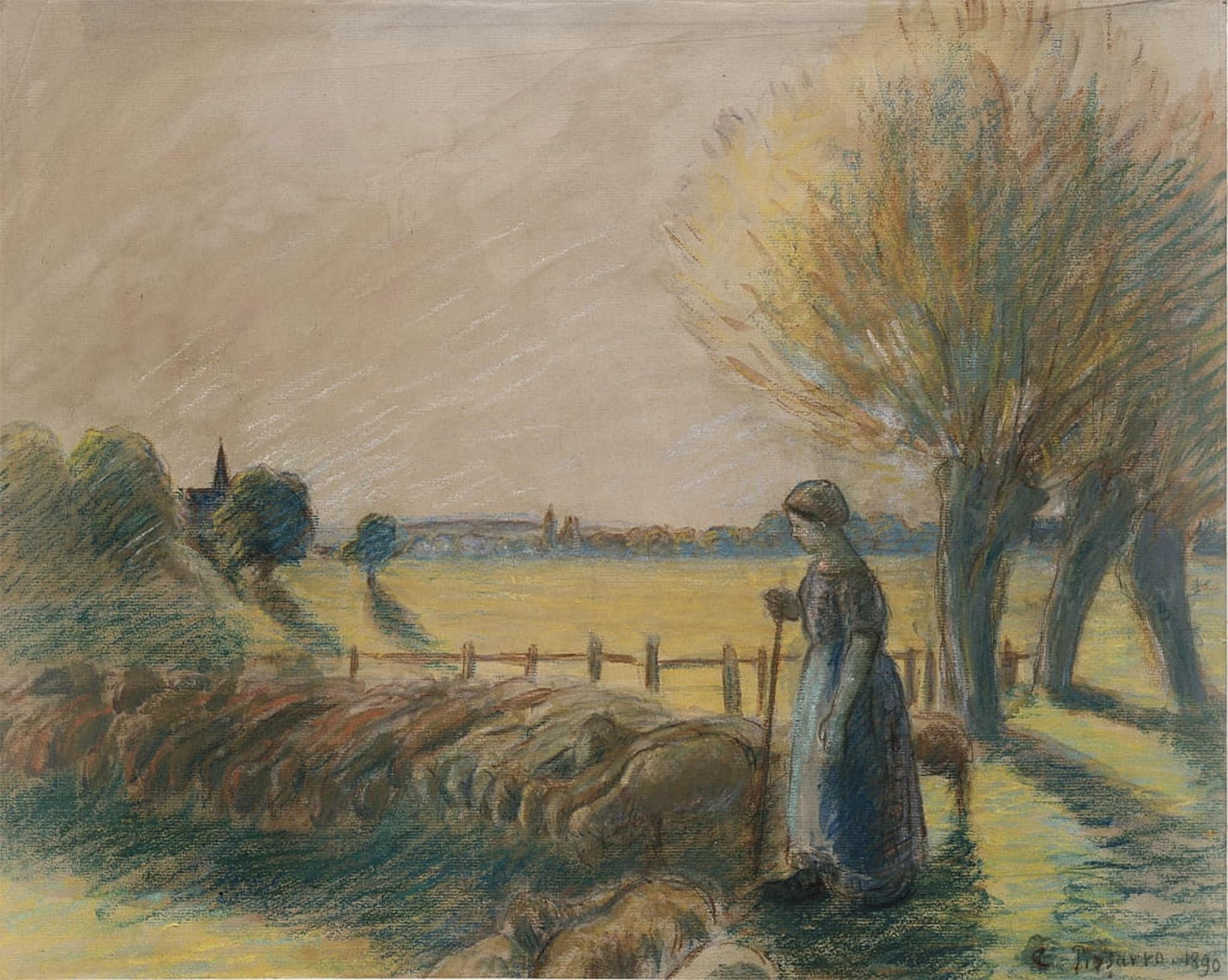 SERENDIPITP Abstract Painting Mural Print Picture Wall Decor Painting the Shepherdess of Eragny by Camille Pissarro Vintage Wall Artwork for Home Decor 60x90cm