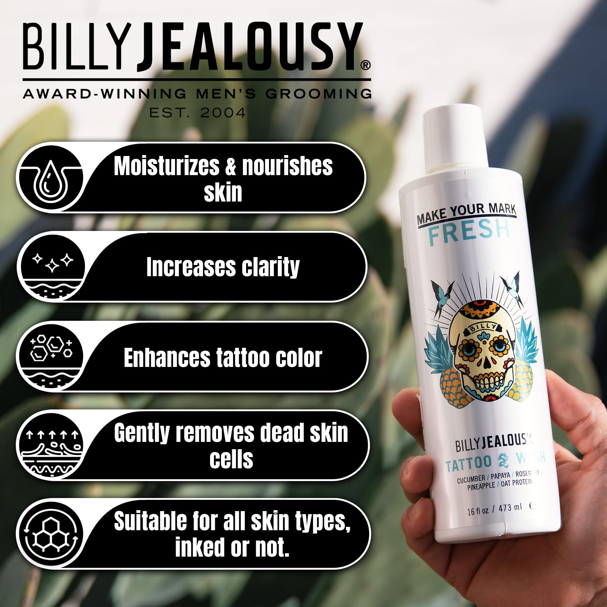 Billy Jealousy Make Your Mark Fresh Tattoo Wash, Cleansing and Hydrating Tattoo Aftercare Enriched With Cucumber and Rosemary