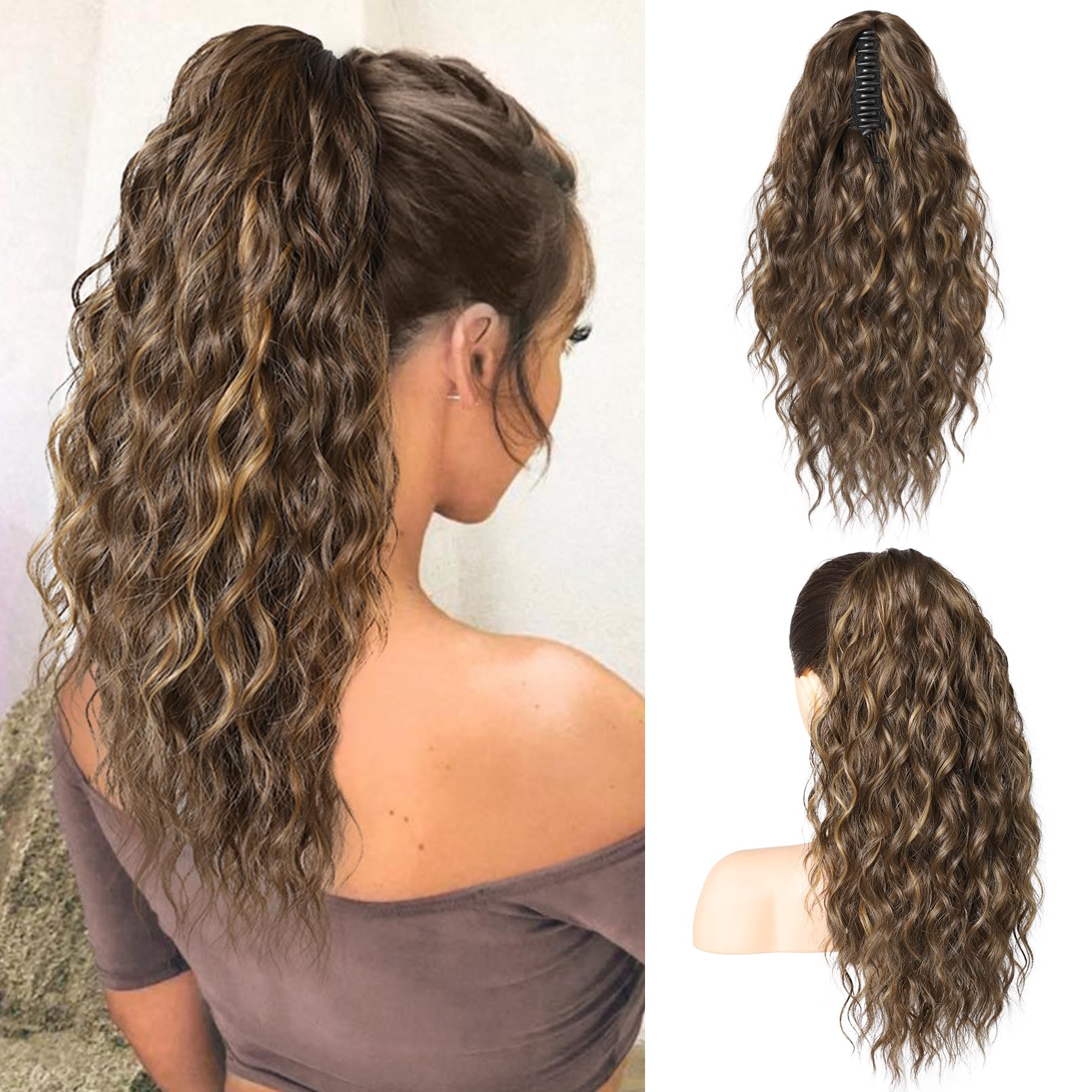 SEIKEA 18" Long Claw Highlight Ponytail Extension, PT002 Tia Multi Layered Hair Wavy Curly Fluffy Thick Jaw Clip in Hair Extensions Ponytail Soft