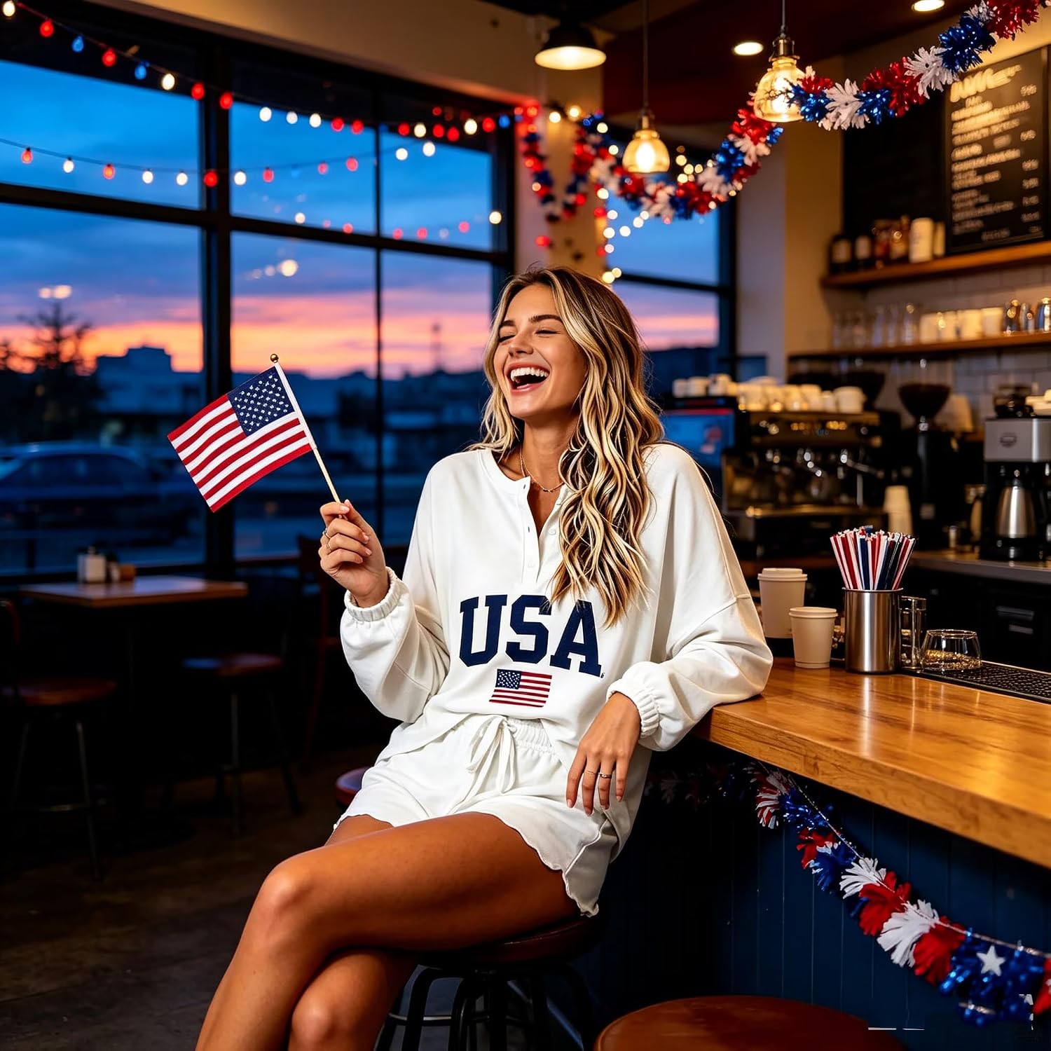 Roshop 4th of July Pajama Women’s Patriotic USA Flag Stars & Stripes Matching Top & Shorts Loungewear Set