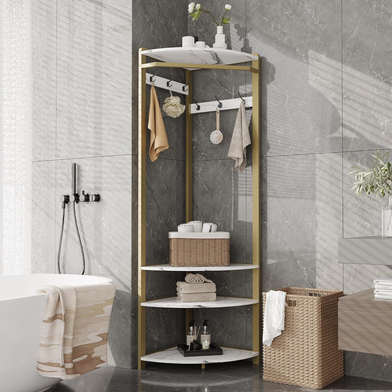 Hallway Coat Rack with 6 Double-Row Hooks and 4 Storage Shelves – Multifunctional Clothes Rack and Shoe Organizer Perfect for Entryway, Hallway and Closet, White & Gold