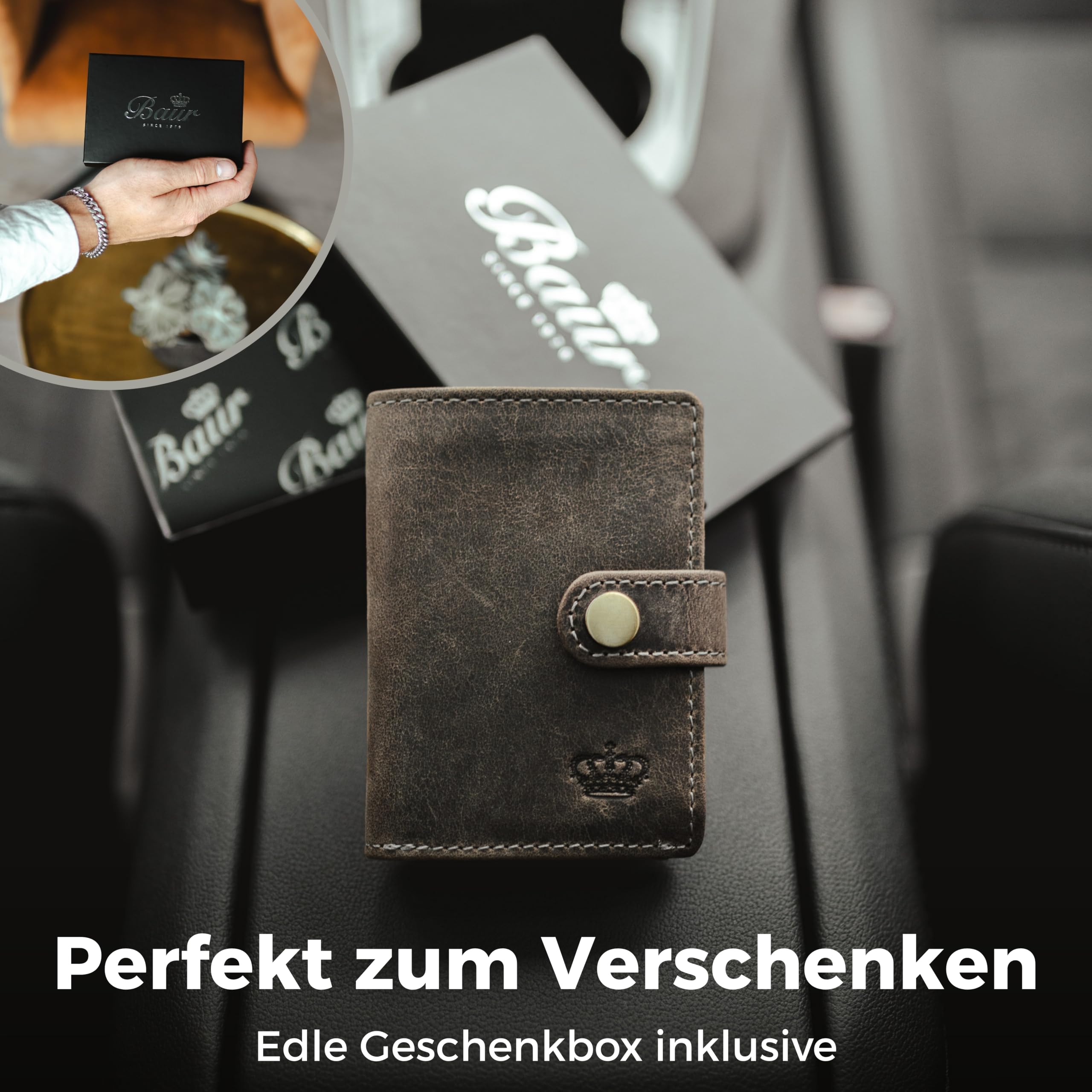 Baur Slim Wallet aus echtem Leder – Kreditkartenetui mit Aluminium Pop-Up Case & RFID-Schutz – Kleine Geldbörse für Herren mit Münzfach – Smart Wallet (Münzfach mit Reißverschluss, Büffelleder Grau)