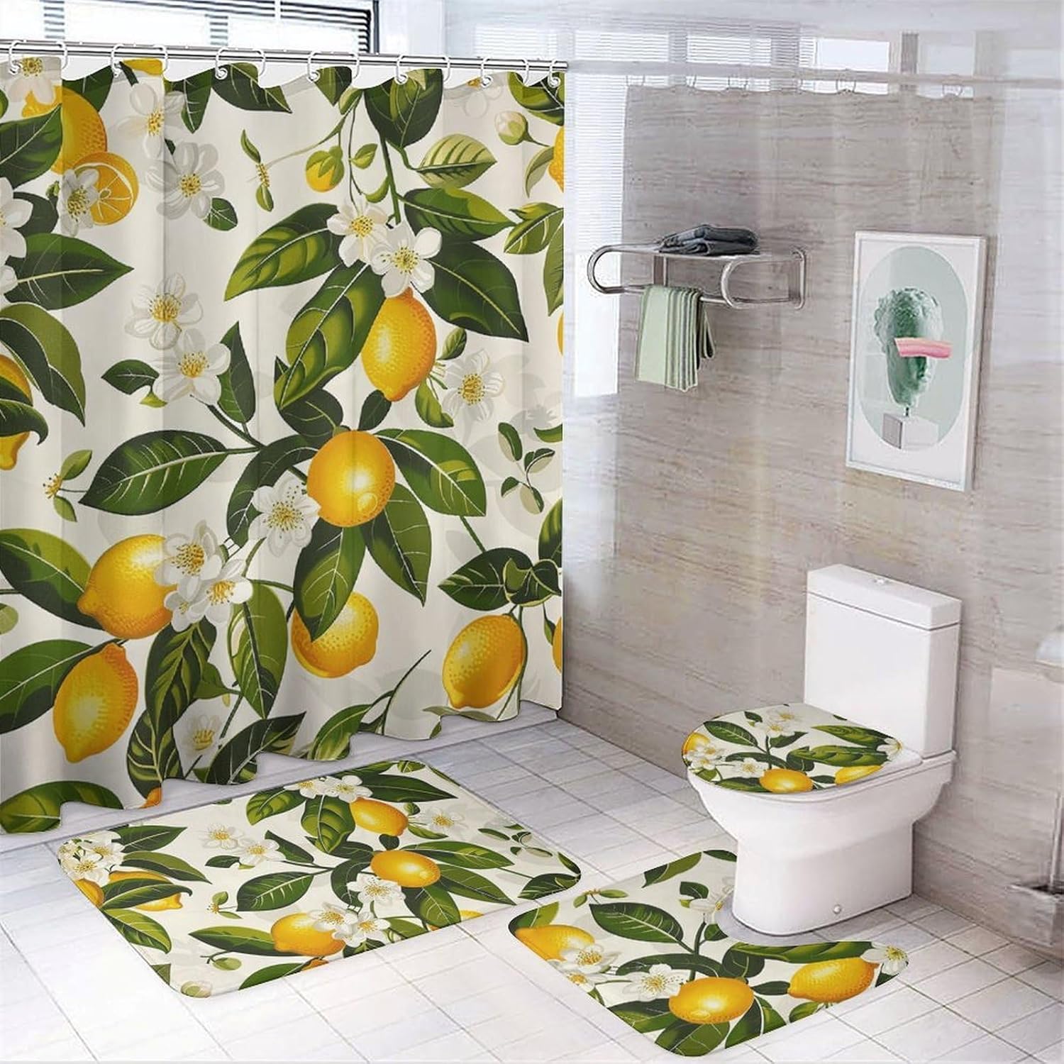 Lemons and Flowers Shower Curtain Set 4 Piece, Non-Slip Bath Mat with Toilet Lid Cover and Waterproof Shower Curtain with 12 Hooks, Complete Bathroom Set for Home Decor