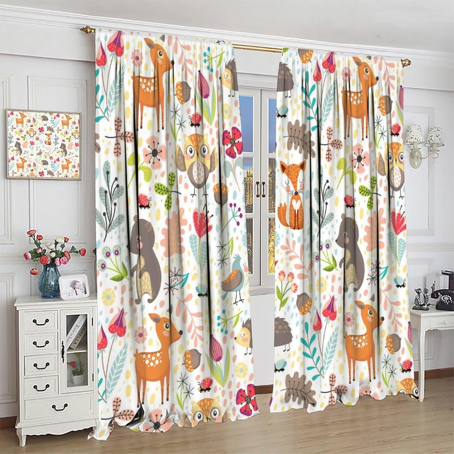 Kids Forest Animal Curtains,Each Panel W21 x 54L,Baby Room Cartoon Animal Cute Bear Deer Fox Curtains for Boys Girls Bedroom Living Room Nursery Study 2 Panels Total Size 42 x 54 Inch