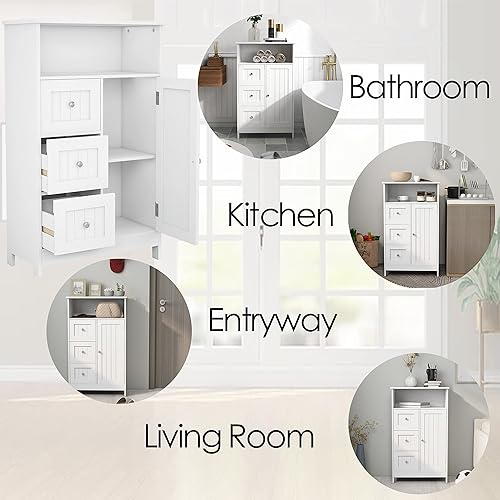 Miniatura 4 de Armario de piso de baño blanco de 39.4 pulgadas de alto, gabinete de almacenamiento independiente, organizador de almacenamiento lateral con 3