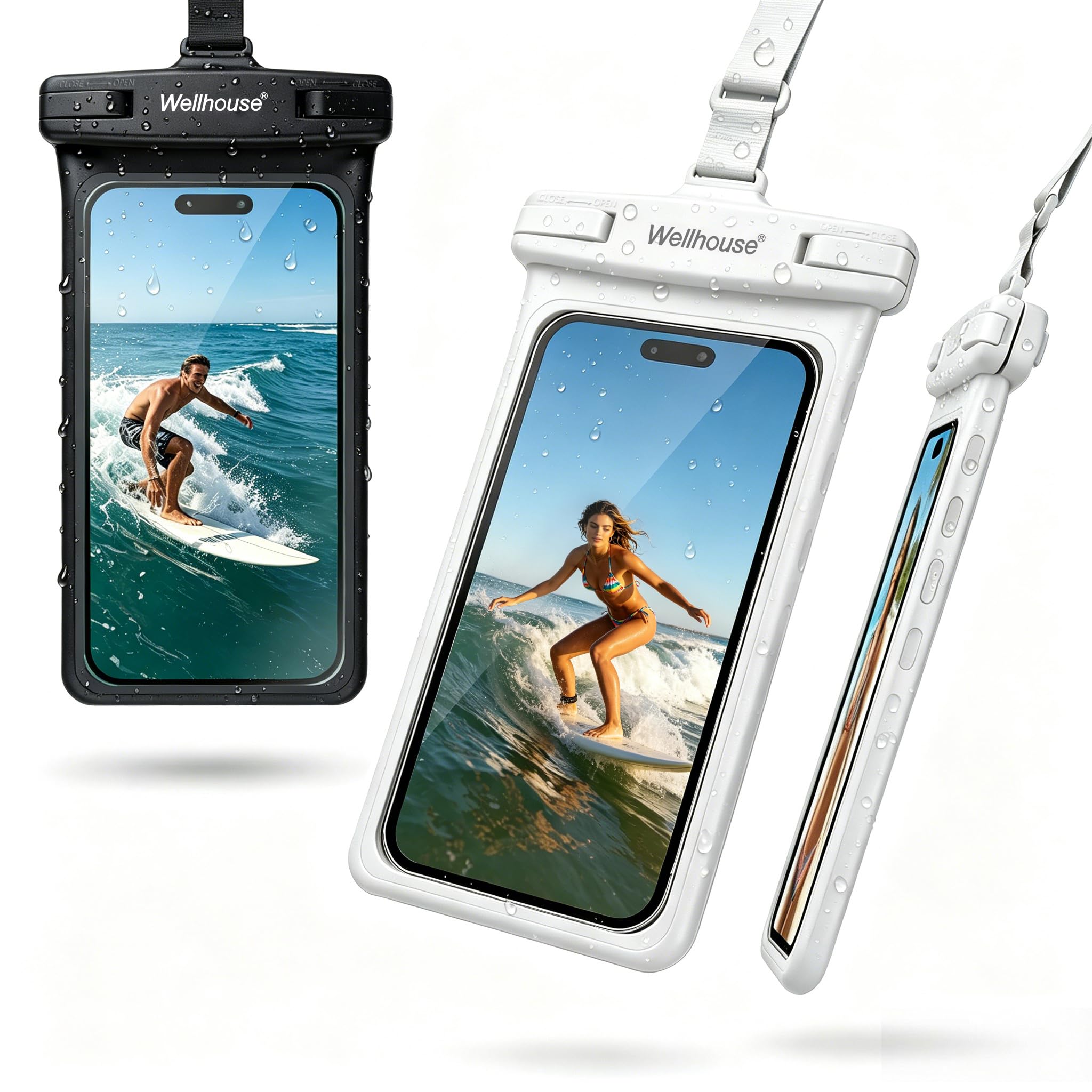 wellhouse Waterproof Phone Pouch, Waterproof Phone Case for iPhone 17 16 15 14 13 Pro Max XS Samsung, IPX8 3D Cellphone Dry Bag Beach Essentials (2 Pack - Black &amp; White7.0, 7 inch)