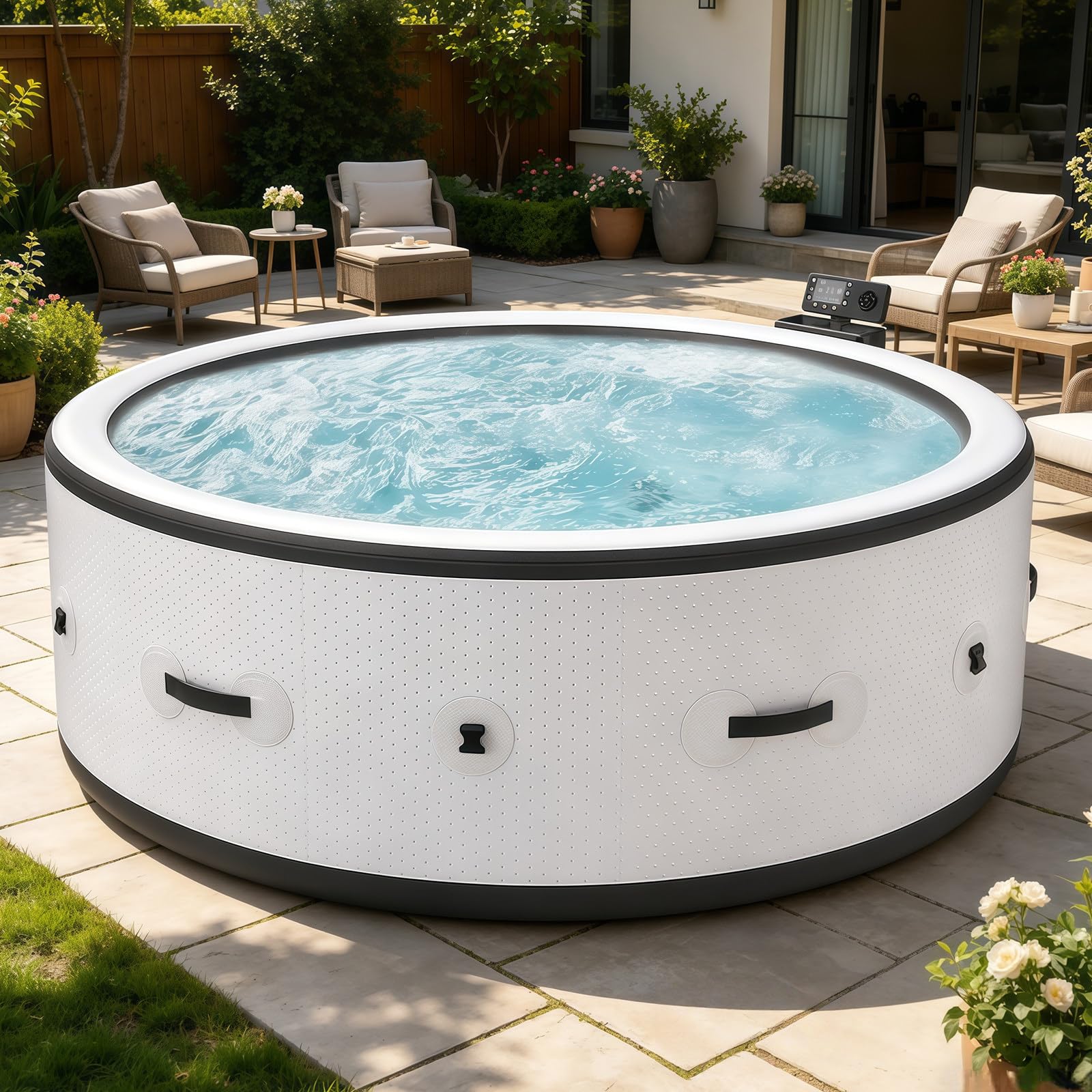 BANGBANGJI Spa Gonflable 206cm, 4-6 Personnes pour Jardin, Rond 206 x 71cm, Chauffage Rapide 104°F, avec 150 Bulles d'air Apaisantes pour Terrasse Jardin Extérieur