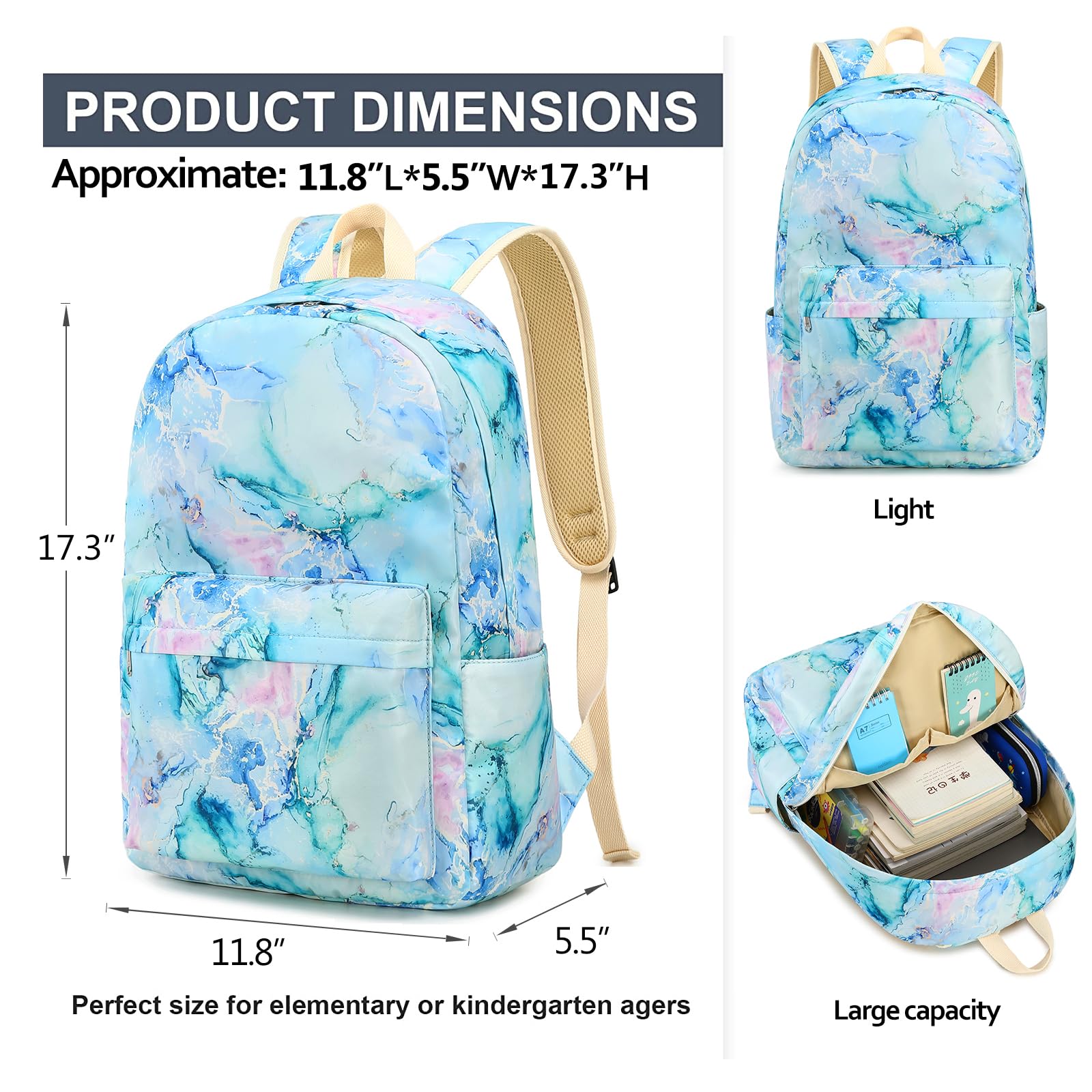 LEDAOU 3-in-1 Backpack Set For Girls - School Bag With Lunch Bag & Pencil Case, White Daisy Green