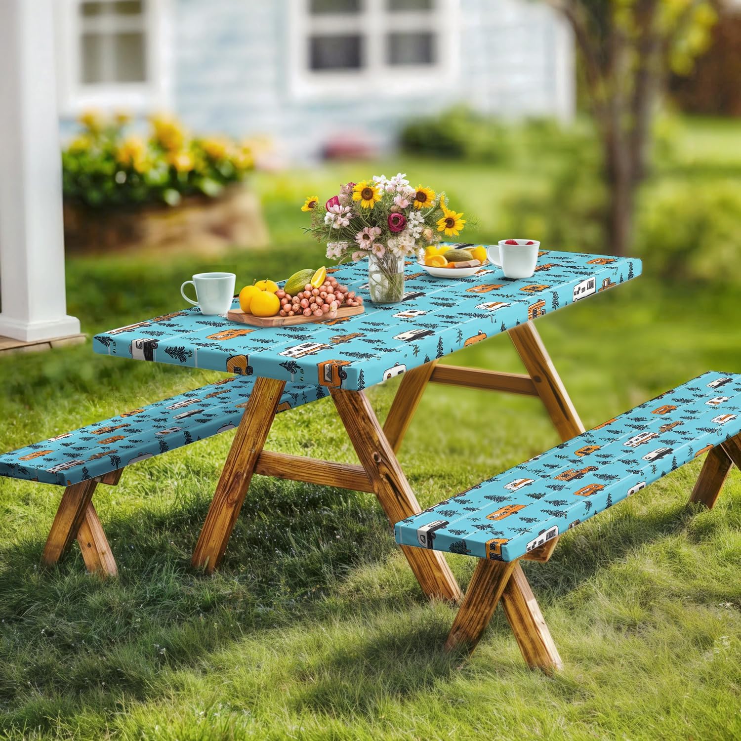 Picnic Table Cover with Bench Covers, Blue RV Camping Theme Waterproof Windproof Outdoor Table Cloth with Elastic Rectangle, Camping Essentials Patio Tablecloth with Drawstring Bag, 72in