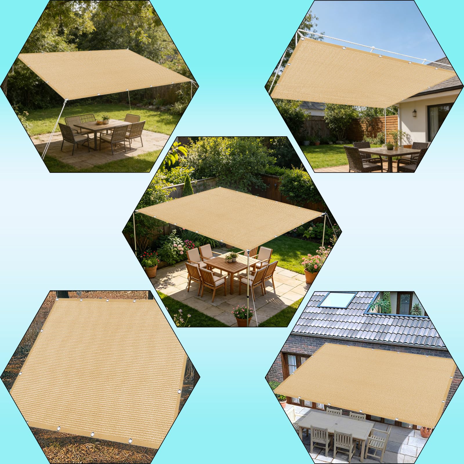 Vela Parasole 4 x 7 m in Tessuto Hdpe, Permeabile All'Aria e All'Acqua, Telo Ombreggiante Occhiellato Tenda da Sole Traspirante Rettangolare per Serra Cortile, Giallo sabbia