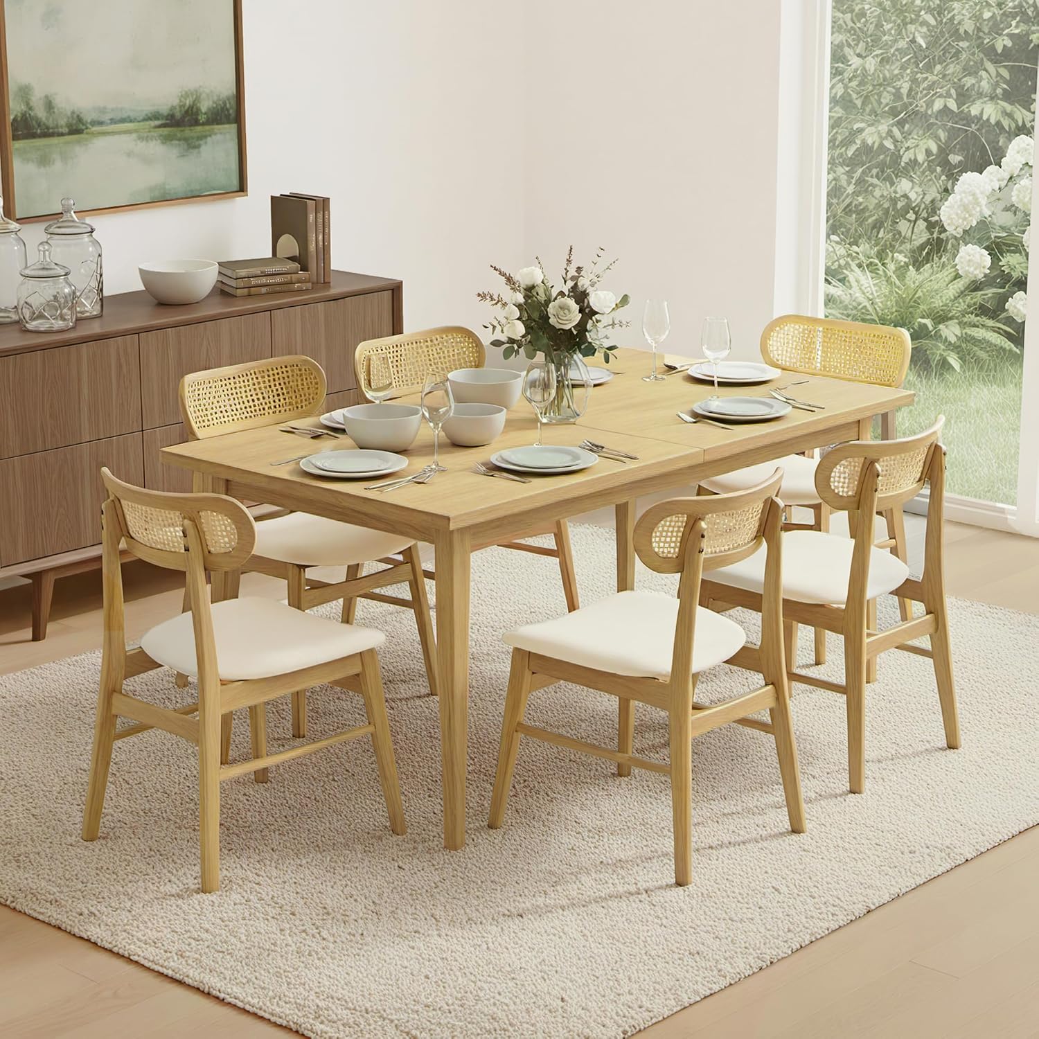 Wooden Dining Chairs Set of 6, Upholstered Modern Dining Room Chairs, Mid Century Oak Wood Kitchen Chairs with Rattan Backrest for Farmhouse, Kitchen, Restaurant (Cream Fabric & Original Color) Original Color-rattan Backrest set of 6 (3 BOX)