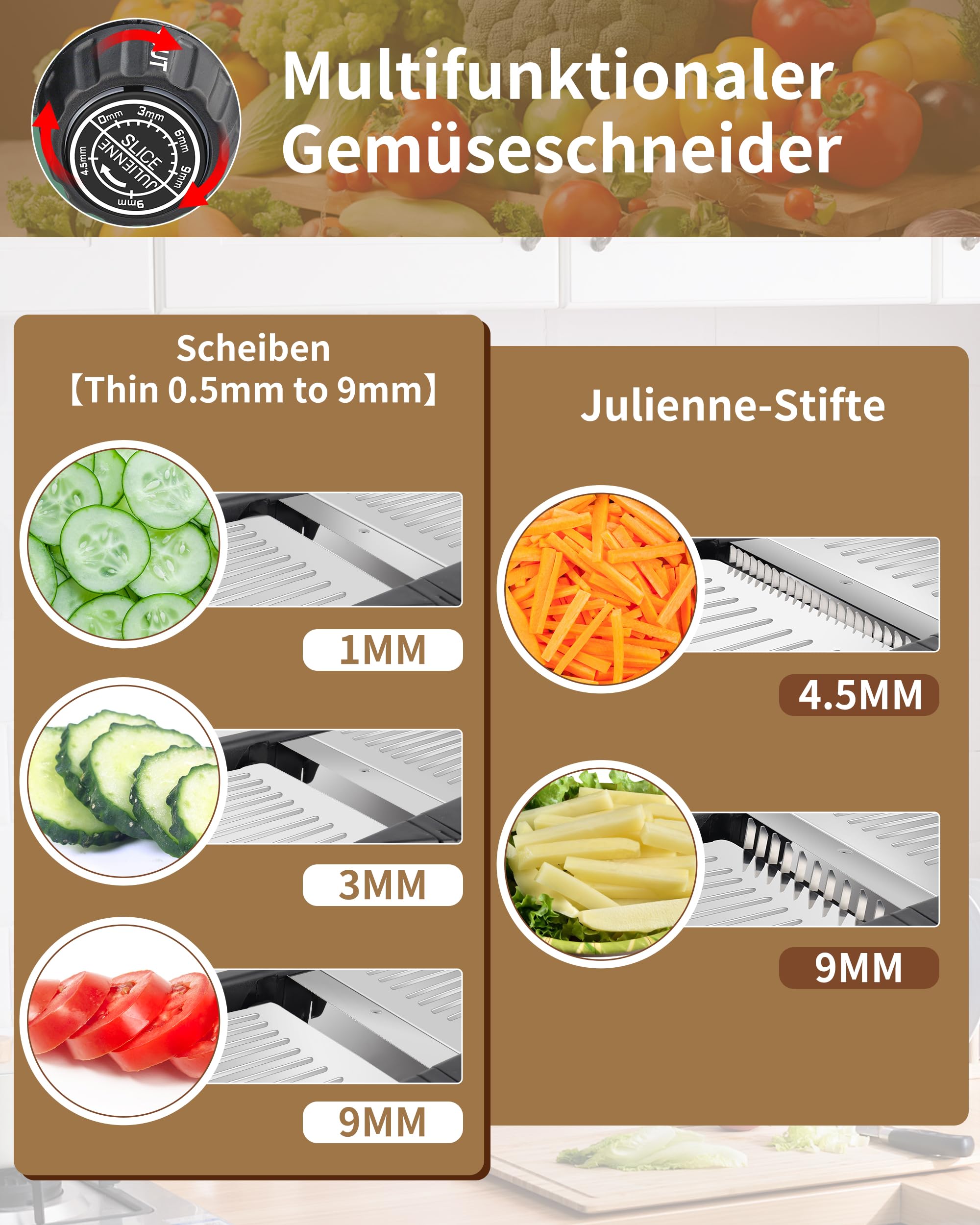 Affettatrice mandolino 5 in 1, regolabile in acciaio inox, taglierina vegetale, affettatrice pomodoro, taglierina frutta e onione, inclusi guanti resistenti