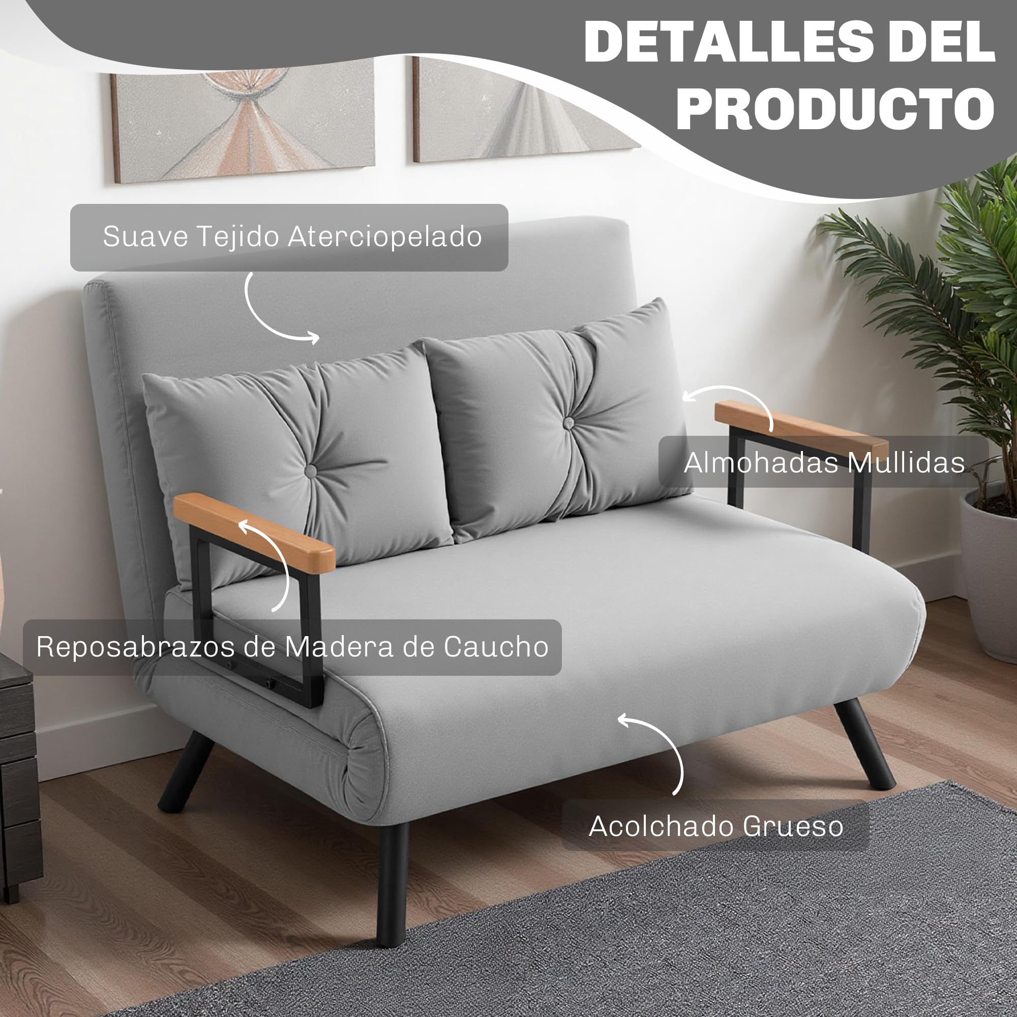 HOMCOM Sofá Cama de 2 Plazas 4 en 1, Sofá Cama Plegable Tapizado en Terciopelo con Respaldo Ajustable de 5 Niveles y Almohadas Acolchadas, para Oficina, Dormitorio, Salón, 102x73x81 cm, Gris Claro