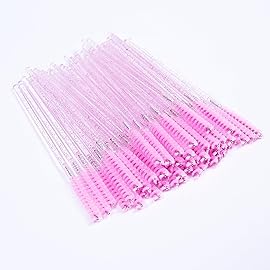 i-Laesh Skinny Mascara Wands - Eyebrow Brushes for Lash Extensions, Beauty Makeup Tool - 50 Pcs (Crystal Pink)