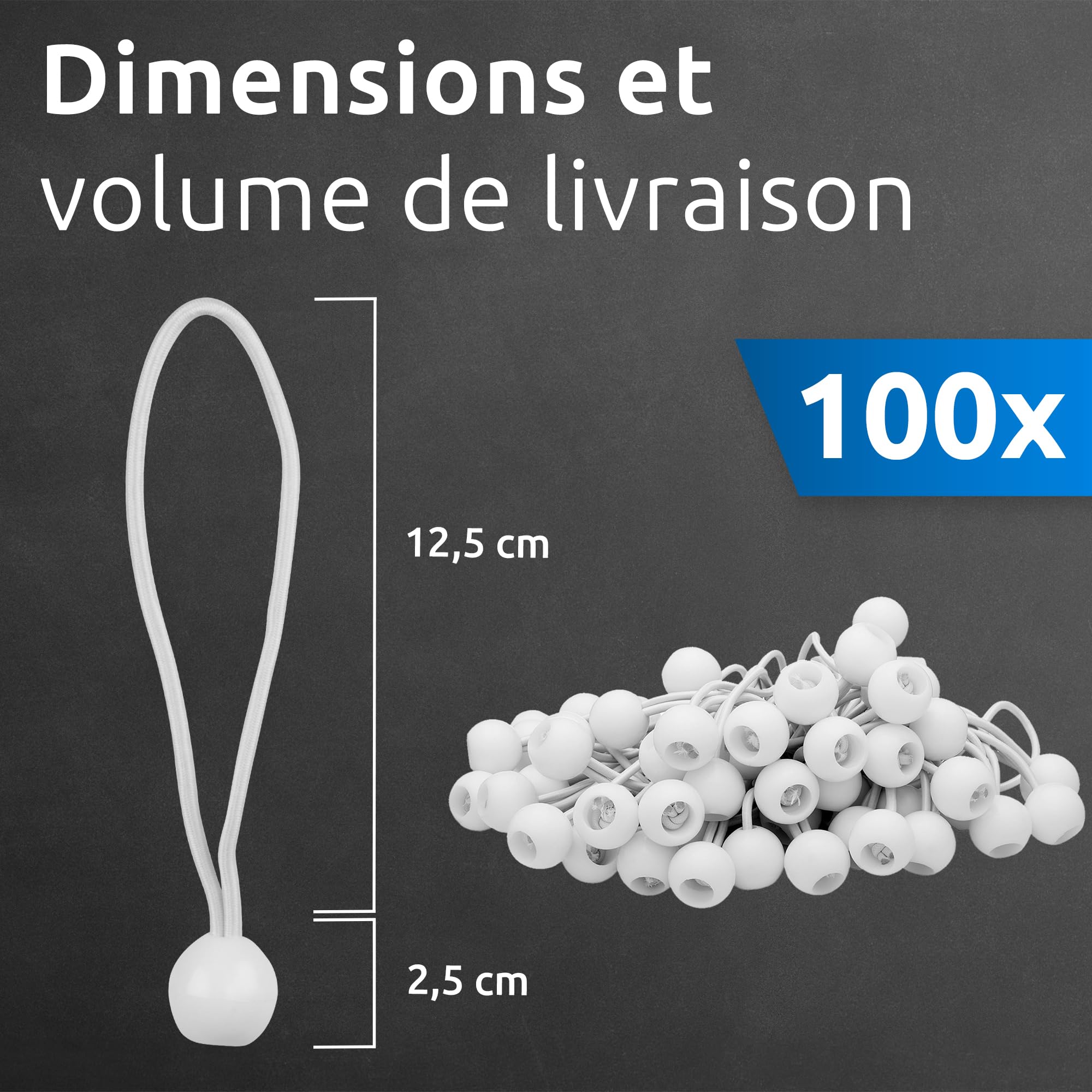 ECENCE 100 Tendeurs élastiques avec Boule en Plastique Blanc Tendeur bache | élastiques de tente pour les bâches, pavillon de jardin, tentes