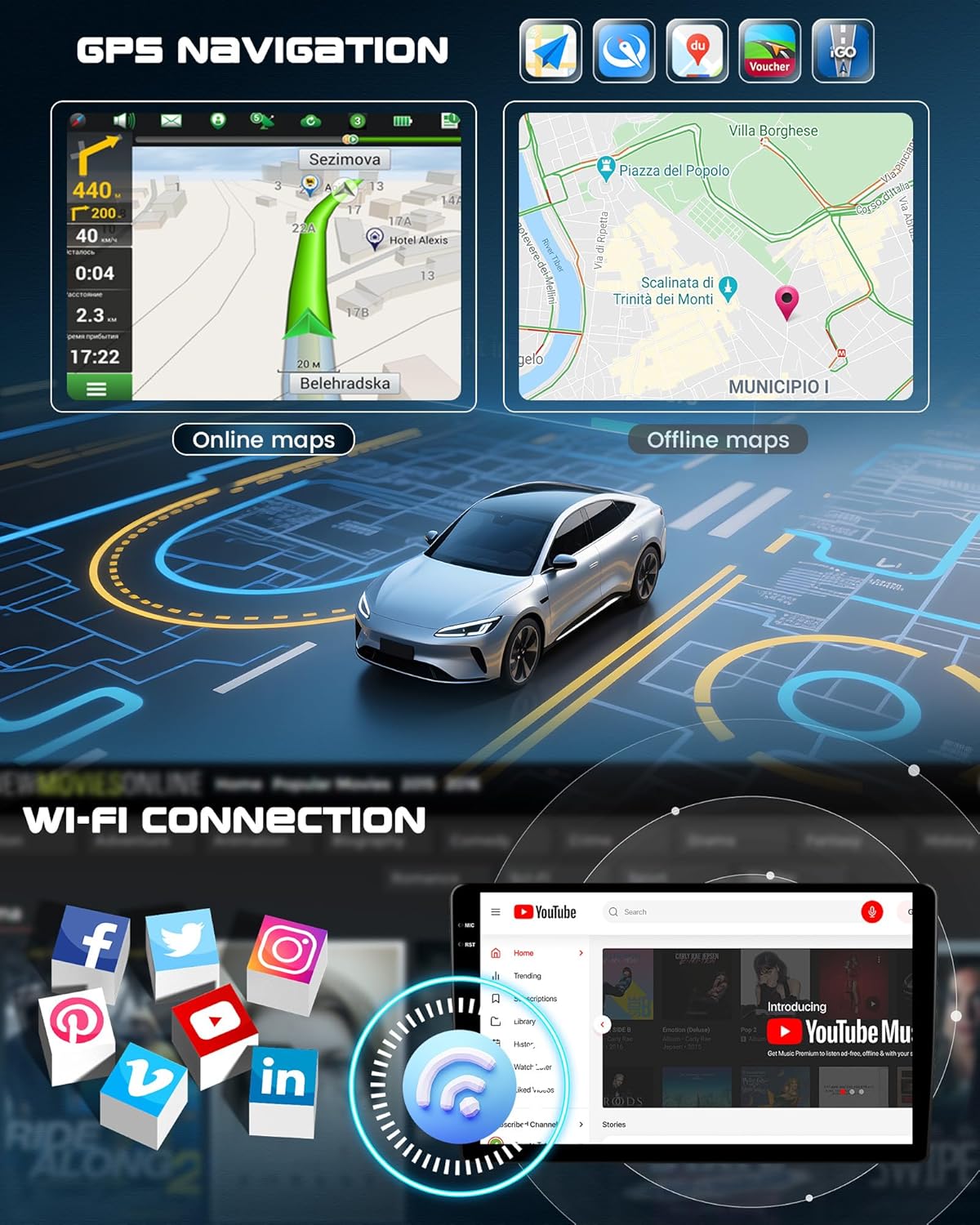 CAMECHO Car Stereo GPS Navigation and Wi-Fi