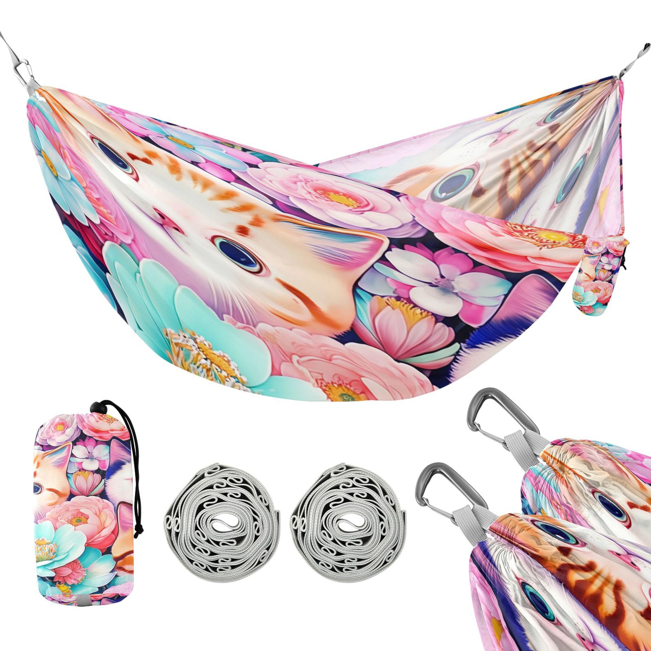 Takiito Playful Cats Hidden Among Flowers Hammock 330 lb Capacity Travel Camping Hammock with Tree Straps, Portable Lightweight for Outdoor Beach Backpacking Backyard Patio