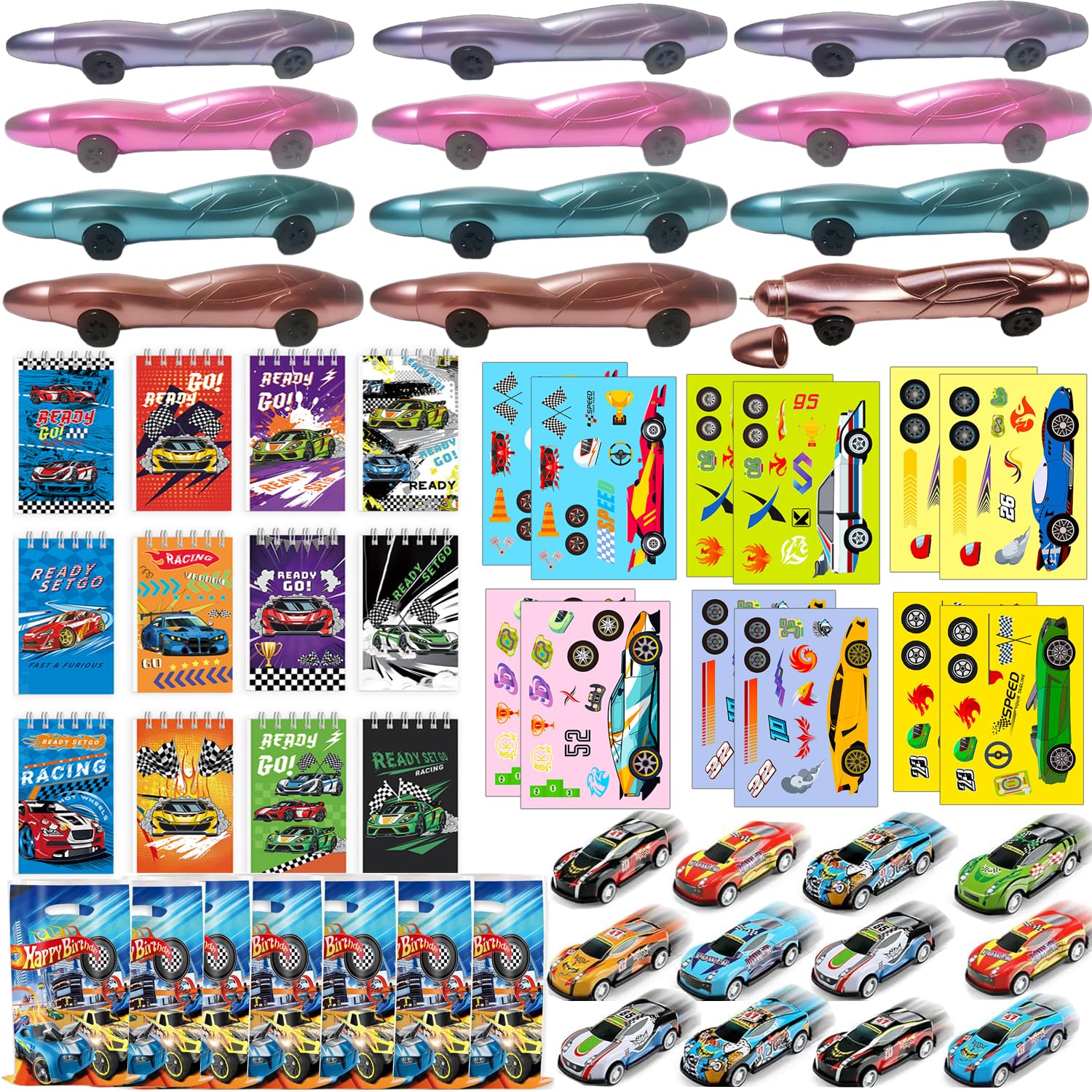 Race Car Stationery Party Return Gifts Supplies Set with Pen Notebooks Stickers and Gift Bags for 12 Guests Fast Racing Car Birthday Party Decorations Goodie Bag Pinata Fillers Stuffers Rewards